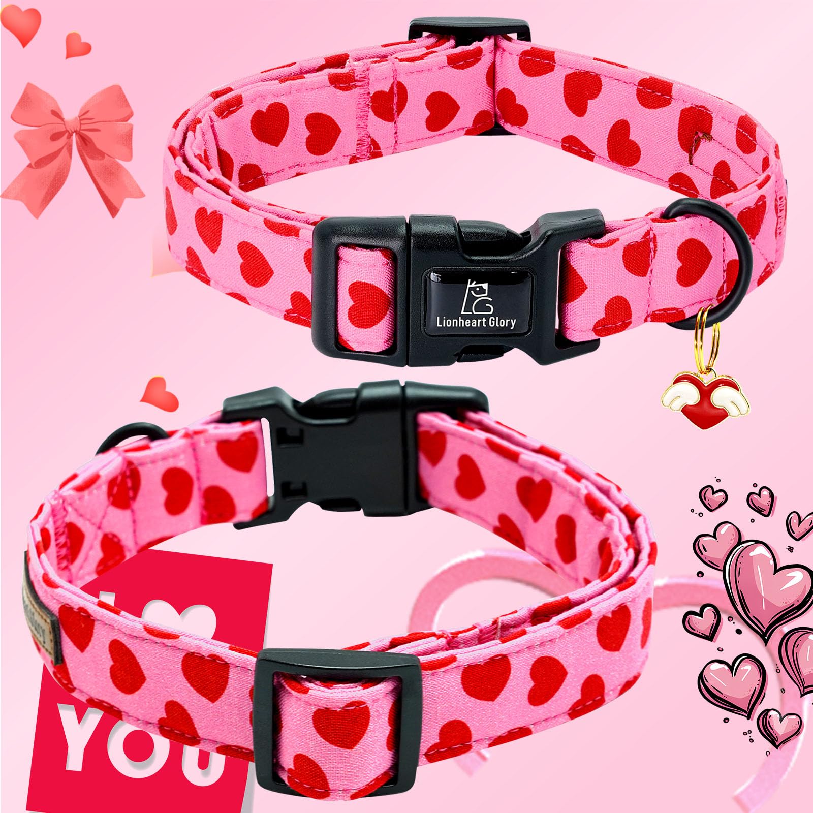 Lionheart Glory Valentine Collar-Red Hearts Dog Collar For X-Small Cute Pink Dog Collars Spring Female Male Pet Gift Adjustable