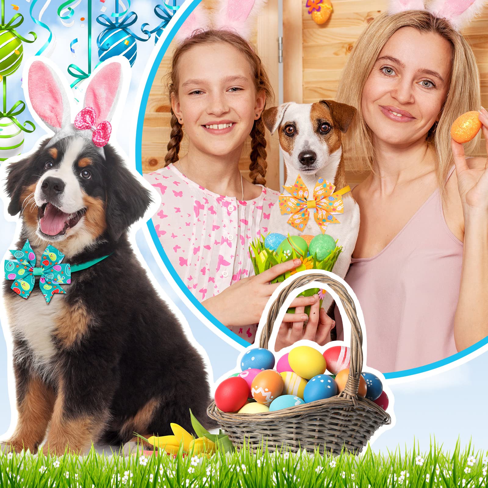 Talltalk 40 Pcs Easter Dog Collars For Dogs Bulk Bunny Spring Dog Collar Easter Grooming Bows With Plastic Buckle Elastic Cat Bo