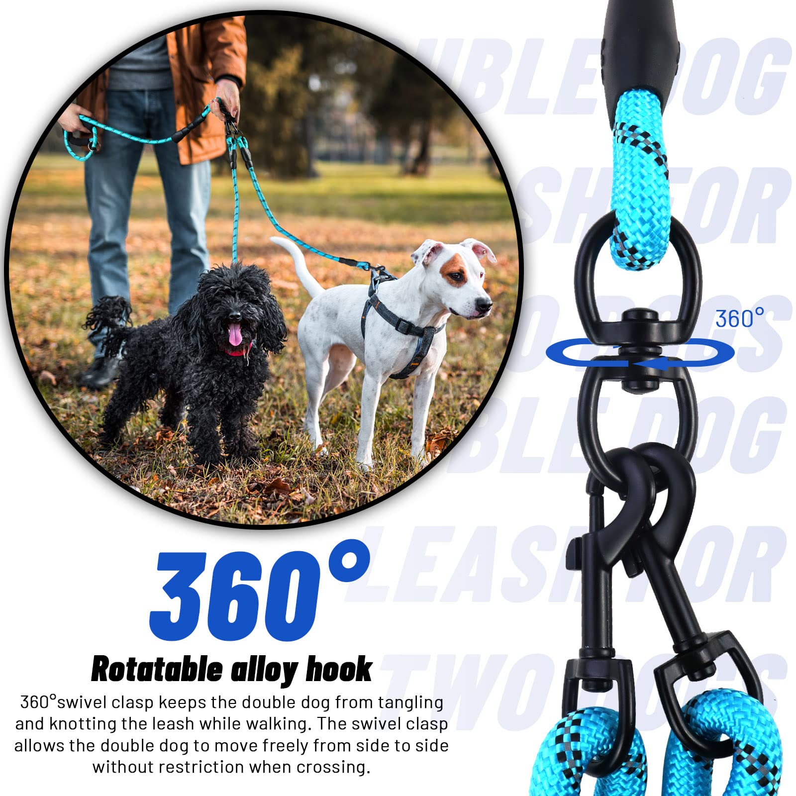 Lele Life Double Dog Leash For Two Dogs, Heavy Duty Reflective Double Leashes For 2 Dogs, 360° Swivel Dual Dog Leash Tangle Free Large Dogs & Medium Dogs, With 2Pcs Dog Poop Bag Holder, Blue