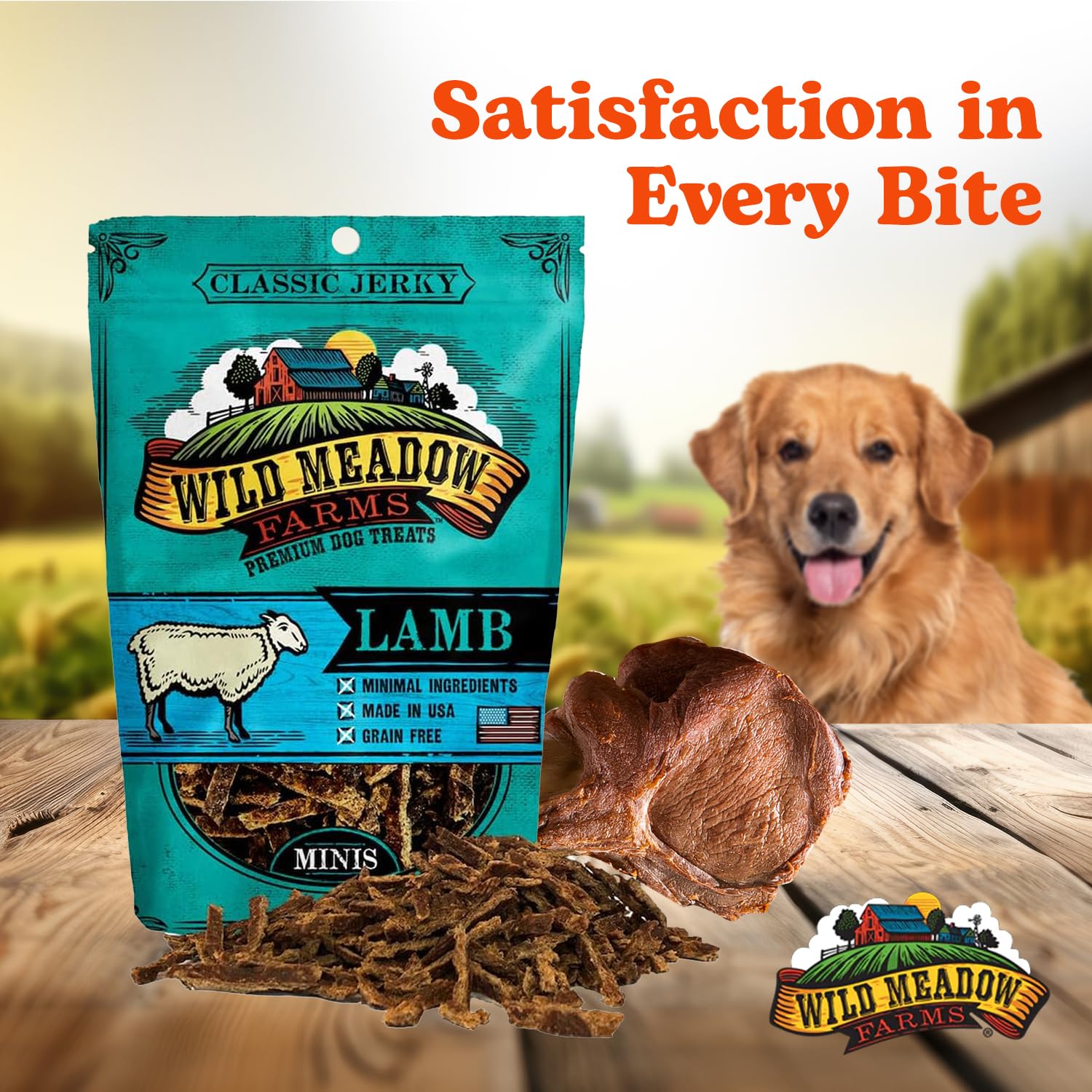 Wild Meadow Farms Classic Lamb Jerky Treats for Dogs, Grain-Free, 3.5 Ounce Pouch, Soft Training Rewards