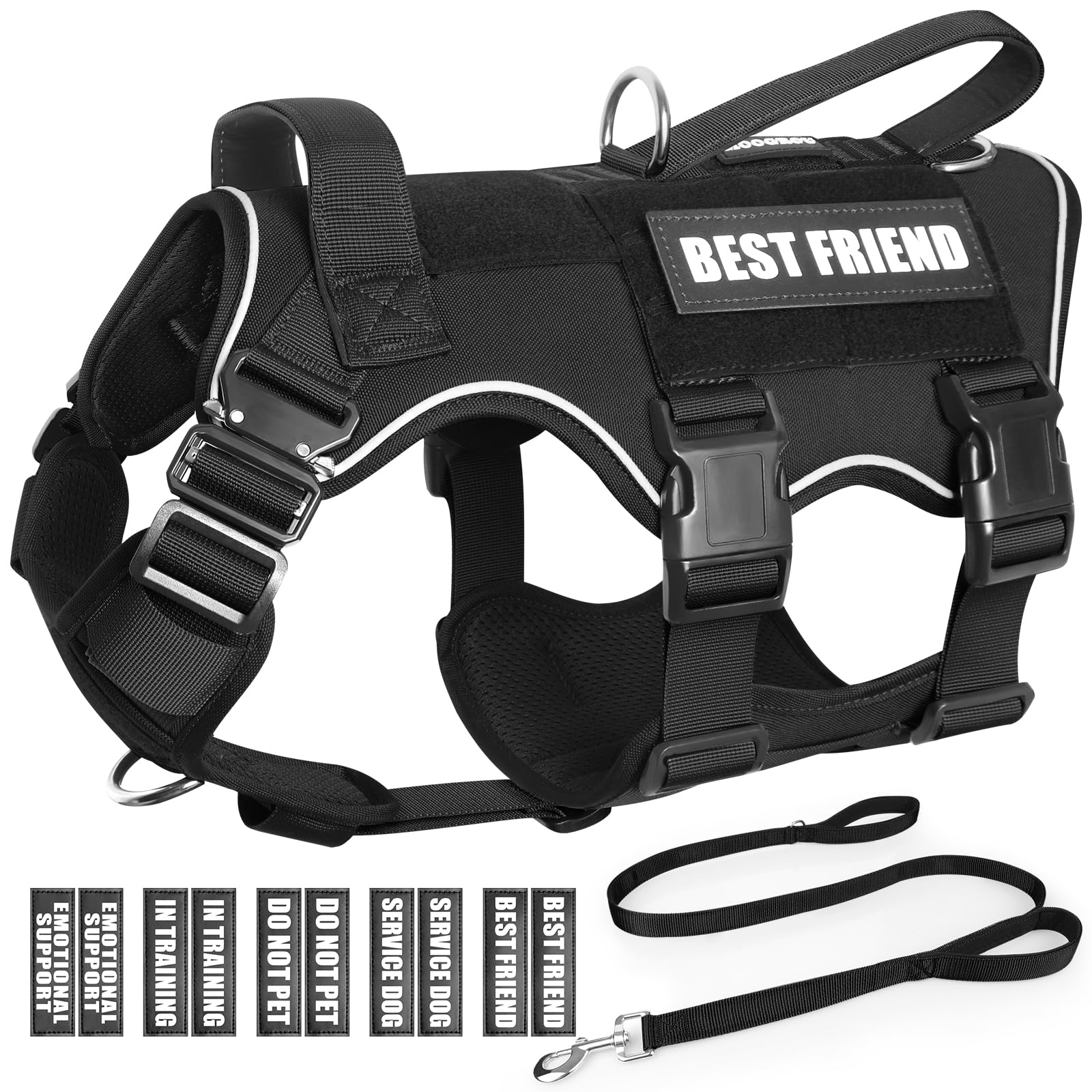 MOOGROU Tactical Service Dog Vest and Leash Set,Heavy Duty Harness with Metal Buckles for Large Dogs,Adjustable No Pull Pet Vest