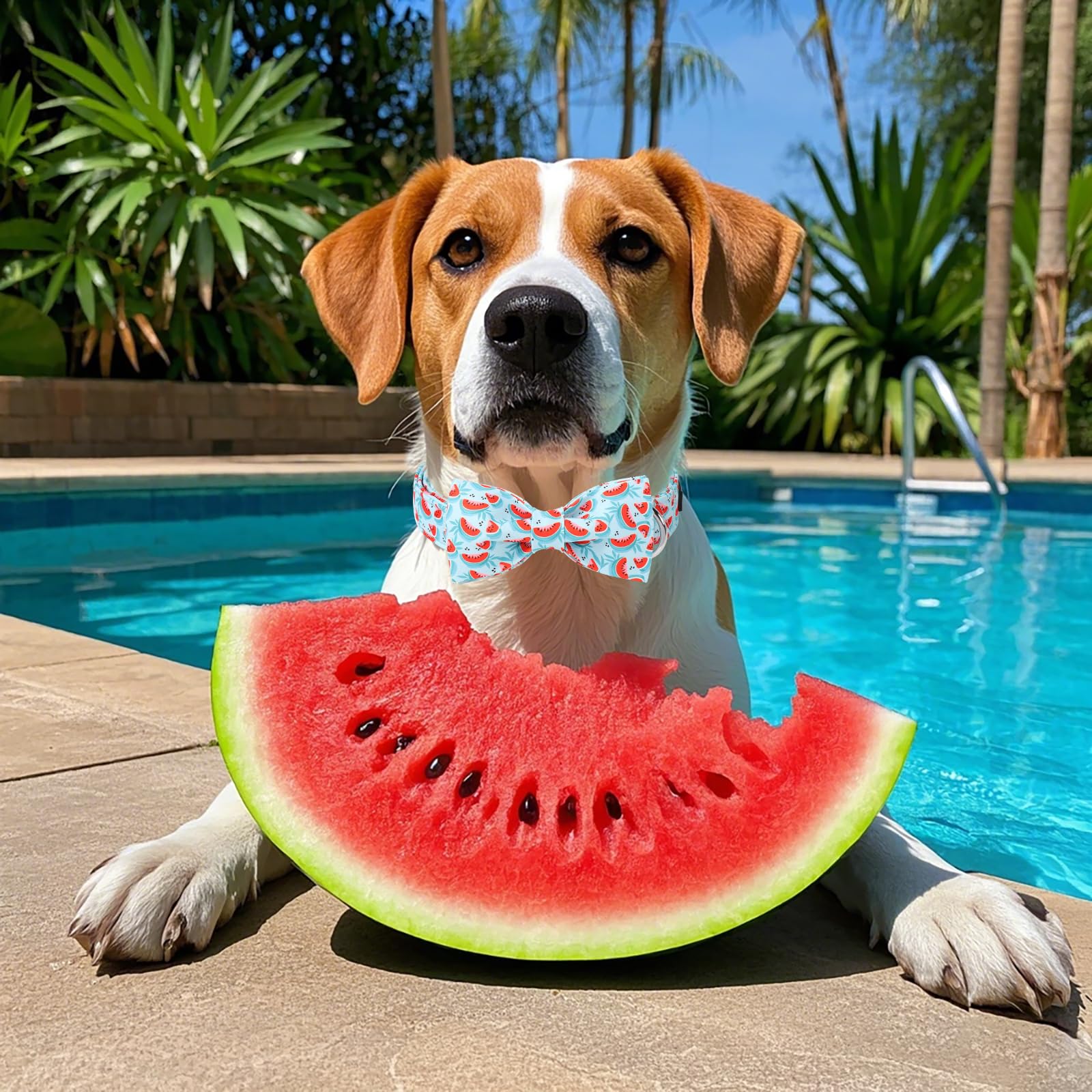 Lionet Paws Watermelon Dog Collar With Bowtie, Cute Summer Cyan Dog Collar For Girl For Medium Dogs, Adjustable Cotton Pet Colla