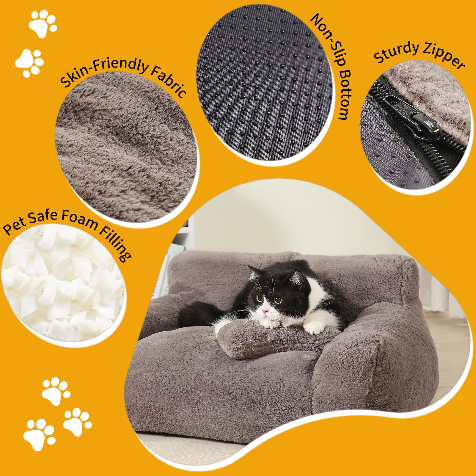 Bestroyal Fluffy Cat Couch For Indoor Cats, Small Dog Bed With Bone Shaped Pillow, Anti-Anxiety Pet Bed With Washable Cover, Bro