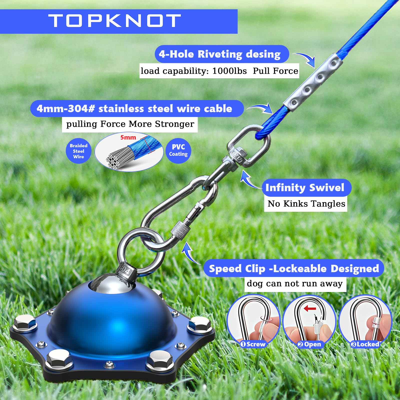 Topknot Dog Tie Out Cable And Stake,(Up To 200Lbs) 360Swivel Dog Run- No Tangle,With 20Ft Heavy Duty Tie Out Cable For Dogs,Runn
