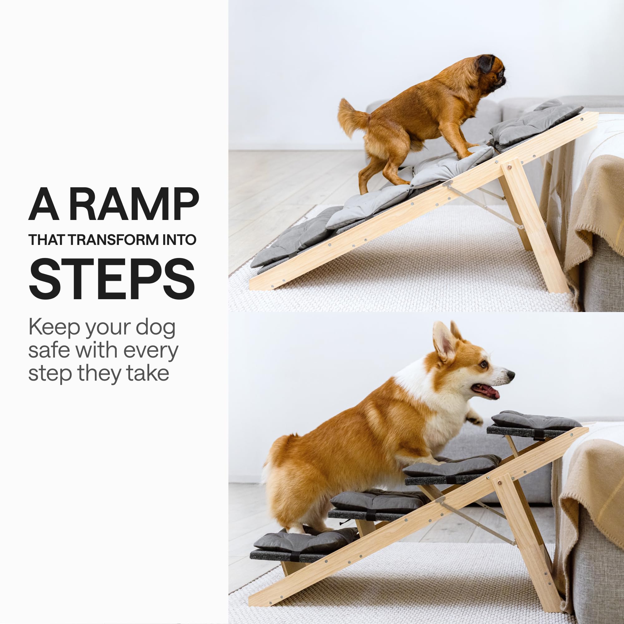 Folding Dog Ramp For Bed And Car - Transforms Into Step Dog Stairs For Small, Medium, Large Breeds - Wooden Pet Stairs For Dogs