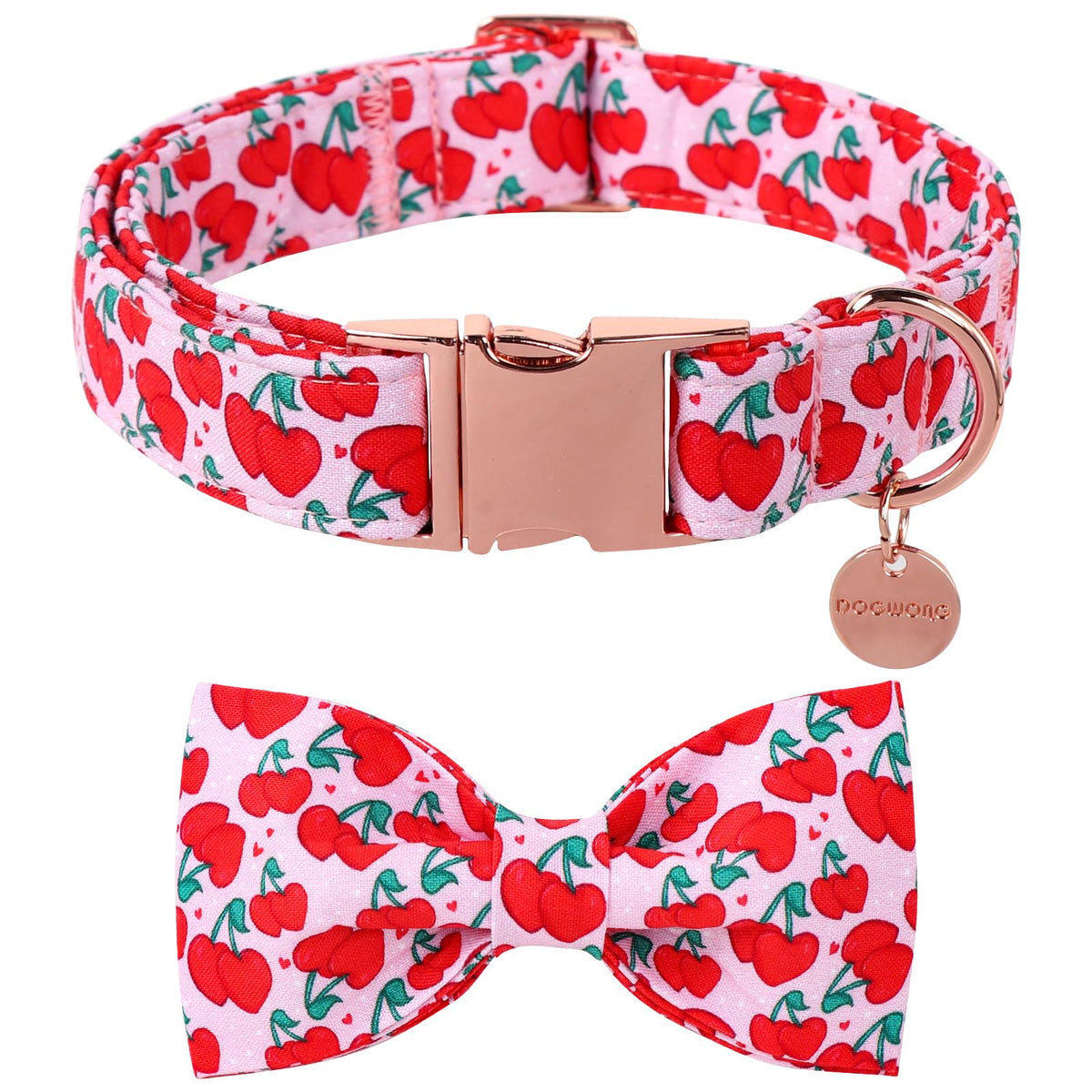 Dogwong Valentine Dog Collar With Bow, Pink Cherry Heart Dog Collar Durable Soft Cotton Pet Dog Collar Cute Heart Valentines Day