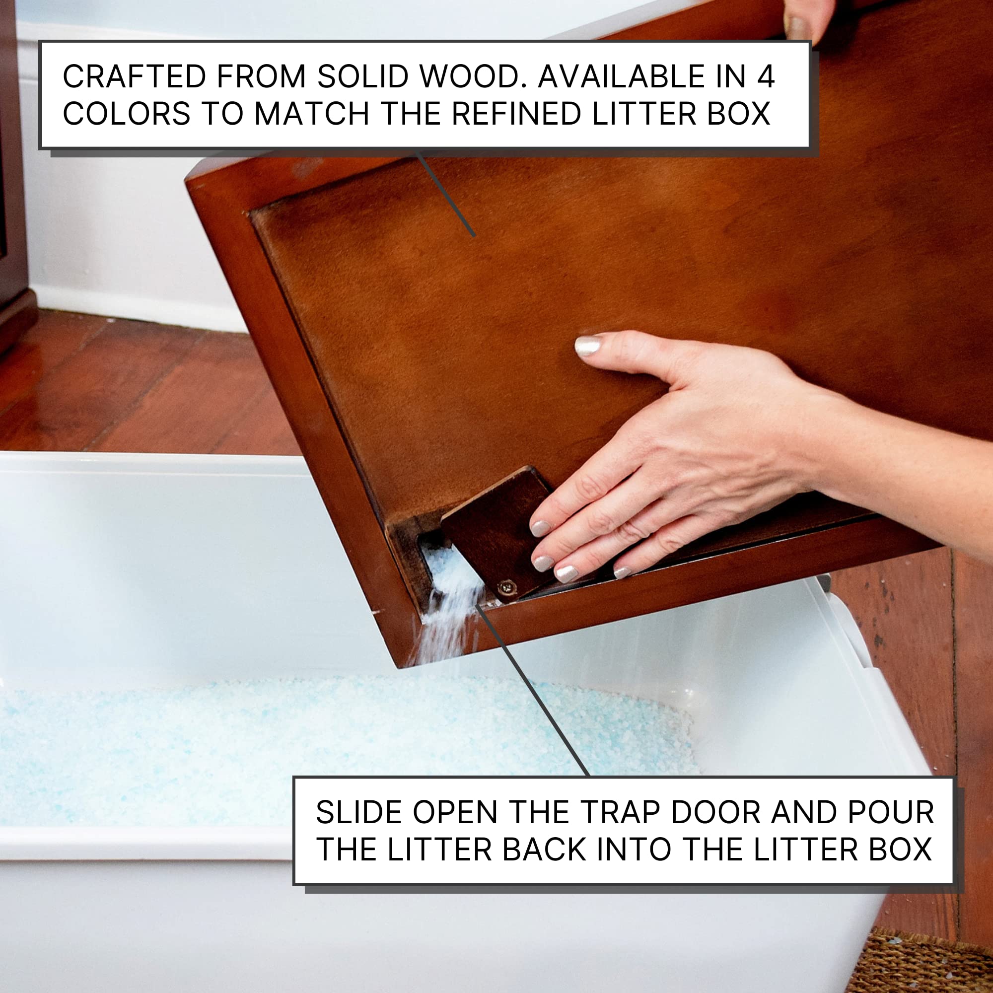 The Refined Feline Litter Catch For The Refined Litter Box Enclosure Cabinet In Mahogany Brown, Solid Wood With Slots To Catch Stray Litter As Cats Exit The Litter Box, Trap Door For Easy Emptying
