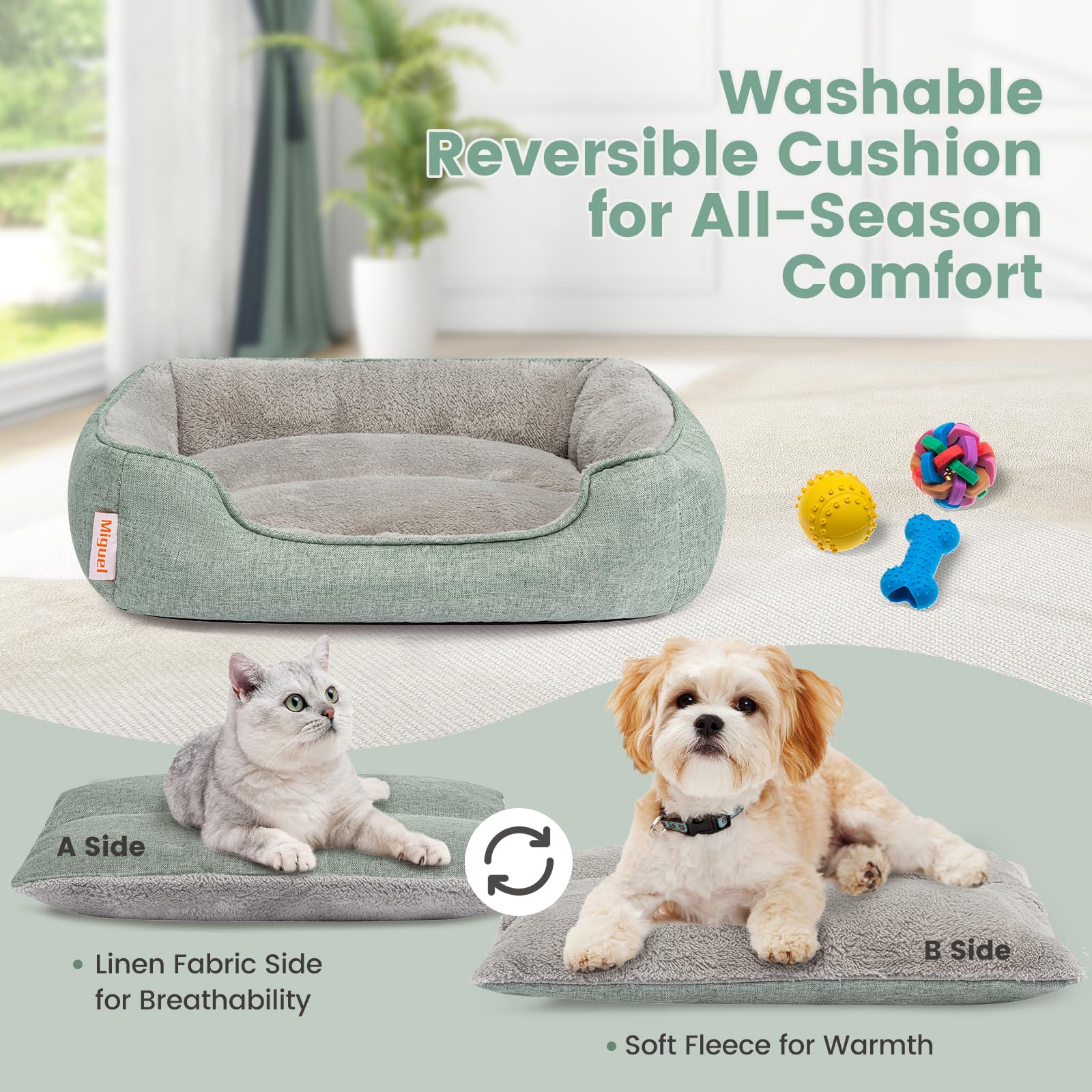 Miguel Faux Linen Dog Bed, 30" Washable with Removable Cushion, Light Green, Anti-Slip Bottom for Small to Medium Dogs