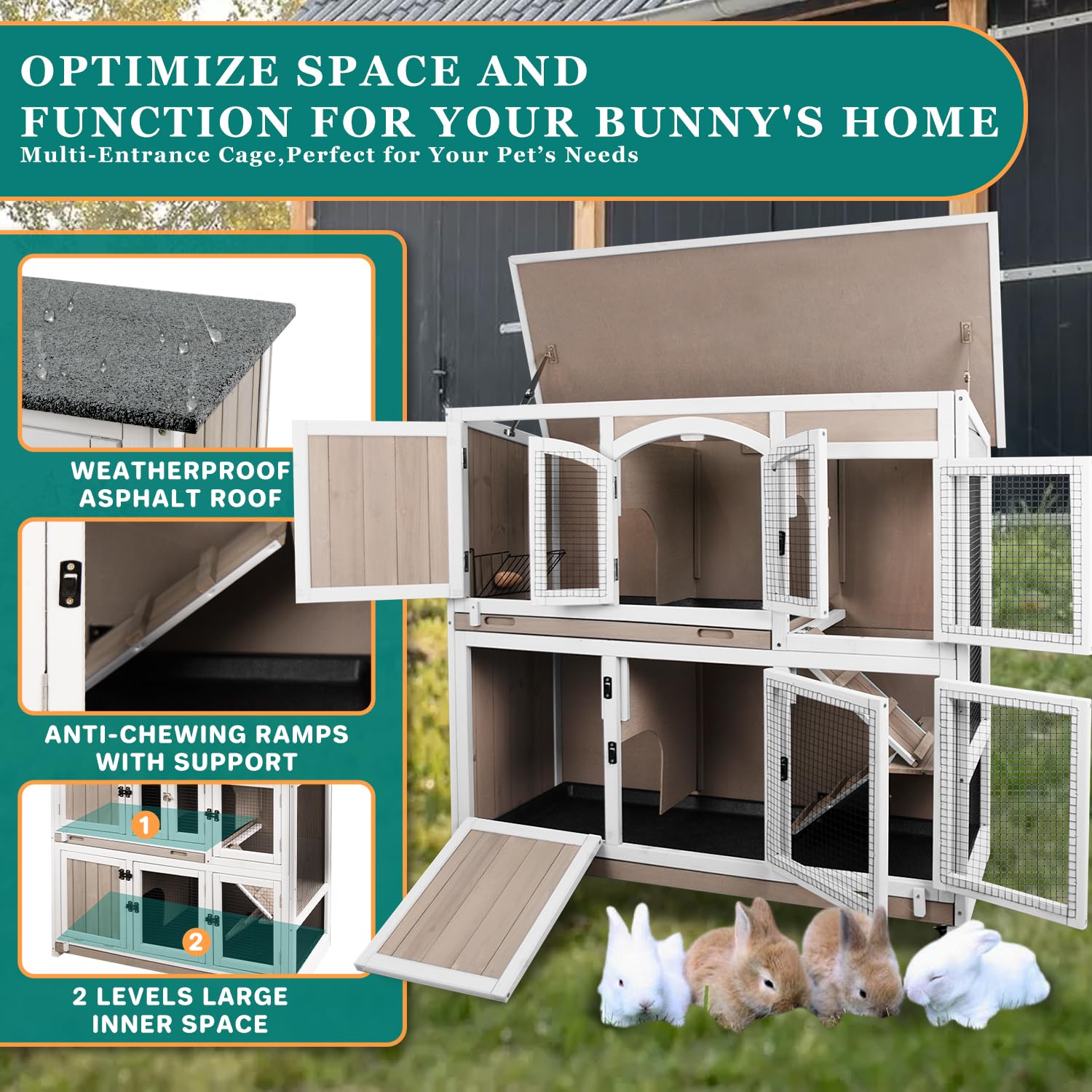 48'' L Rabbit Hutch Indoor And Outdoor 2-Story Rabbit Cage With Pull Out Tray,Fir Wood Pet House With Wooden Ramp,Waterproof Bun