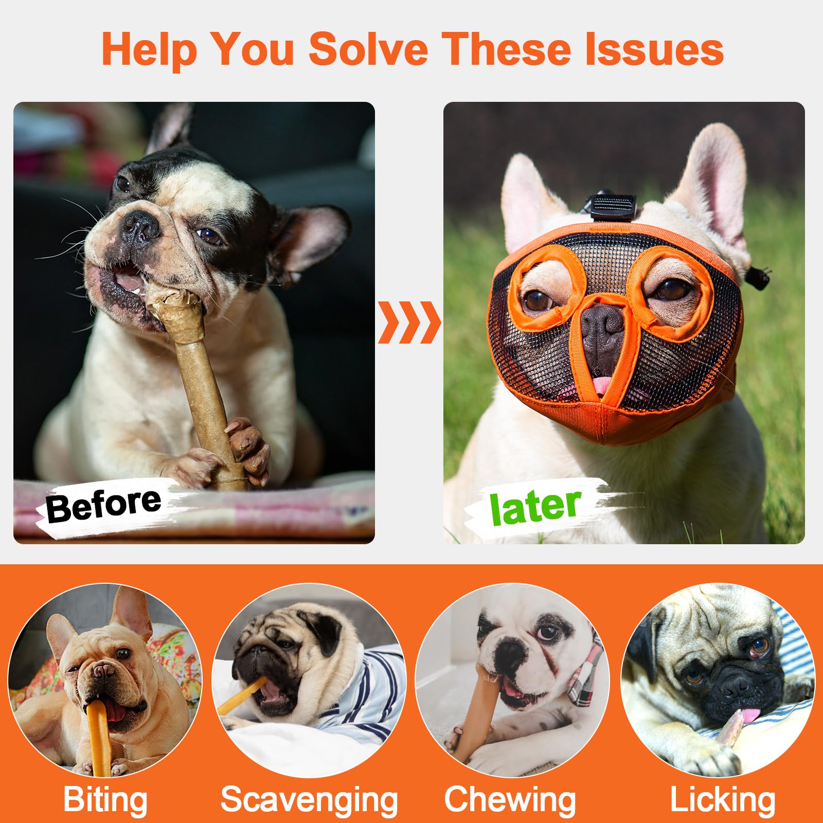 Jyhy Short Snout Dog Muzzles- Adjustable Breathable Mesh Bulldog Muzzle For Biting Chewing Licking Grooming Dog Mask,Orange N-S