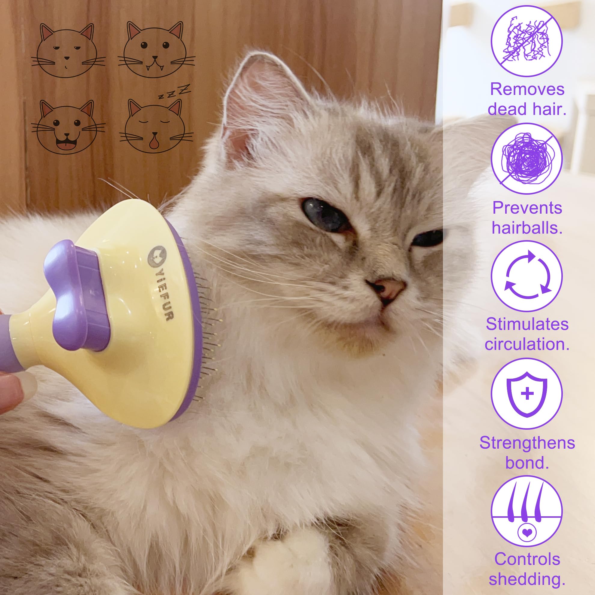 Cat Brush For Grooming And Shedding, Self-Cleaning Silicone Brush For Short And Long Haired Cats, Cat Gifts For Pet Lovers (Purp