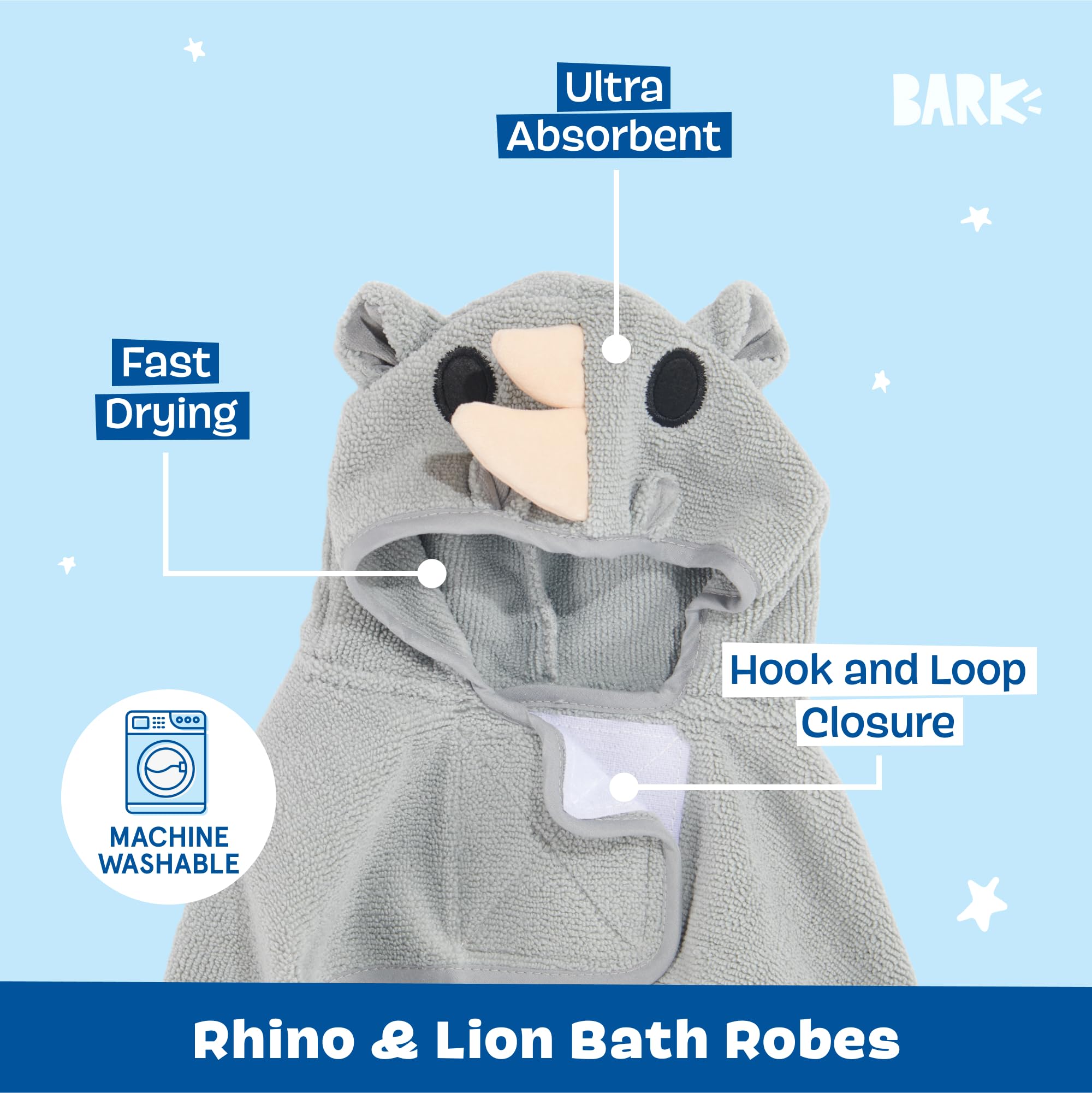 Barkbox - Premium Absorbent Hooded Dog Bathrobe Towel Bundle - Quick Drying Pet Towel For Bath & Beach Trips - Luxurious & Soft Bathrobe Towel For Dogs Of All Breeds - Lion & Rhino - Small