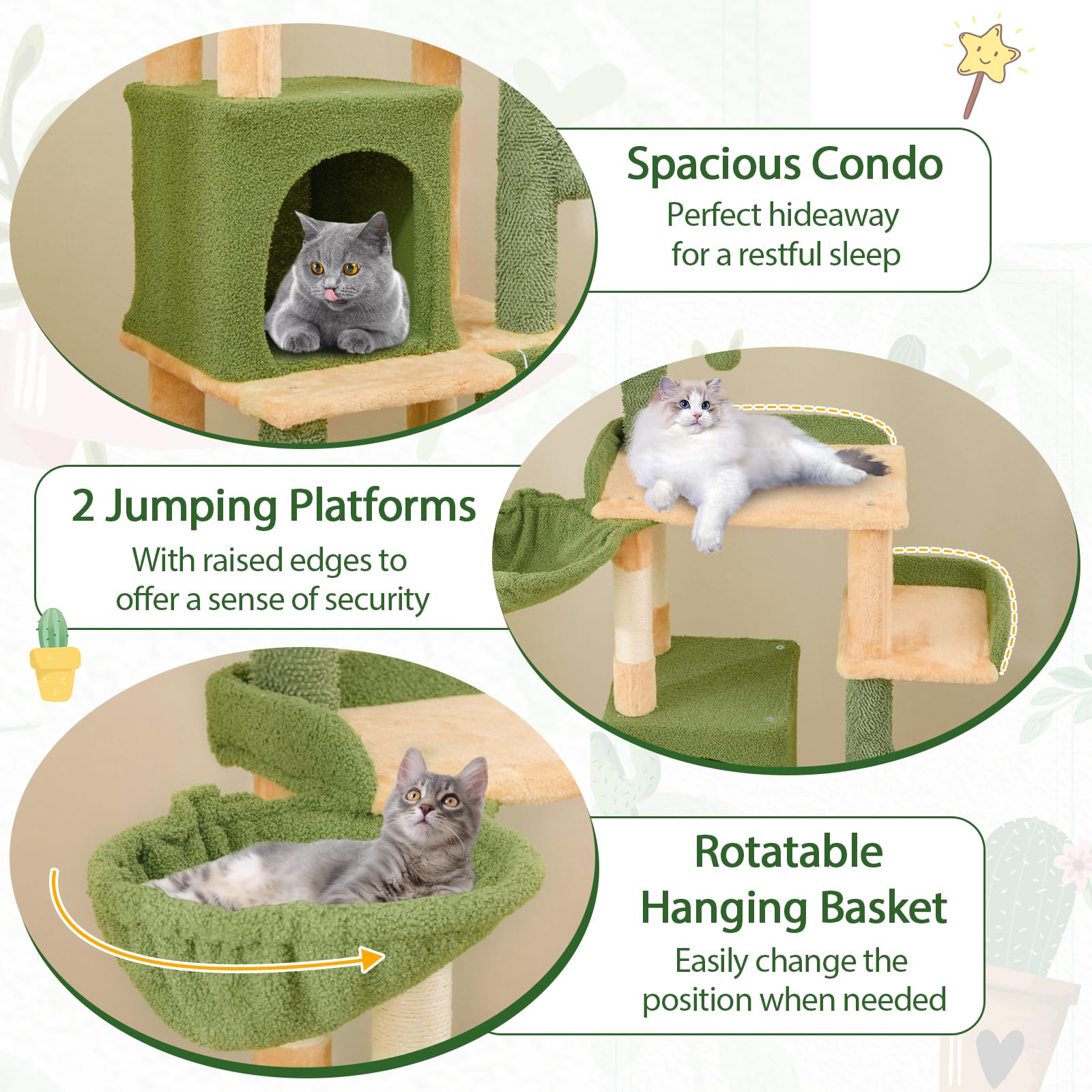 Tangkula Cactus Cat Tree, 63 Inch Multi-Level Tall Cat Tower With Sisal Scratching Posts & Board, Condo, Padded Perch, Hanging T
