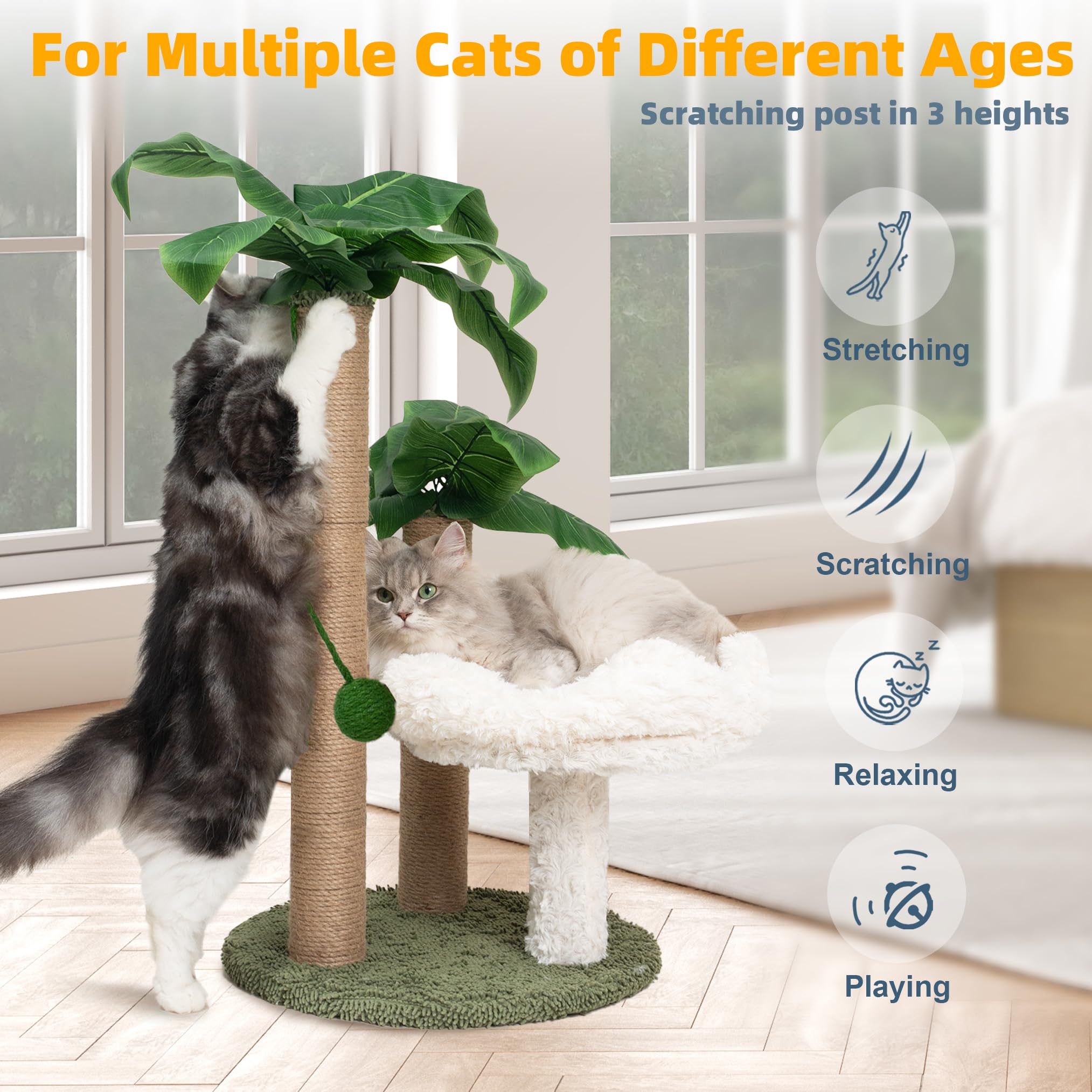Cat Scratching Post Palm Tree with Bed Cloud Cute Cat Tree for Indoor Large Cats 3 Scratching Poles Sisal Hanging Balls for Cat