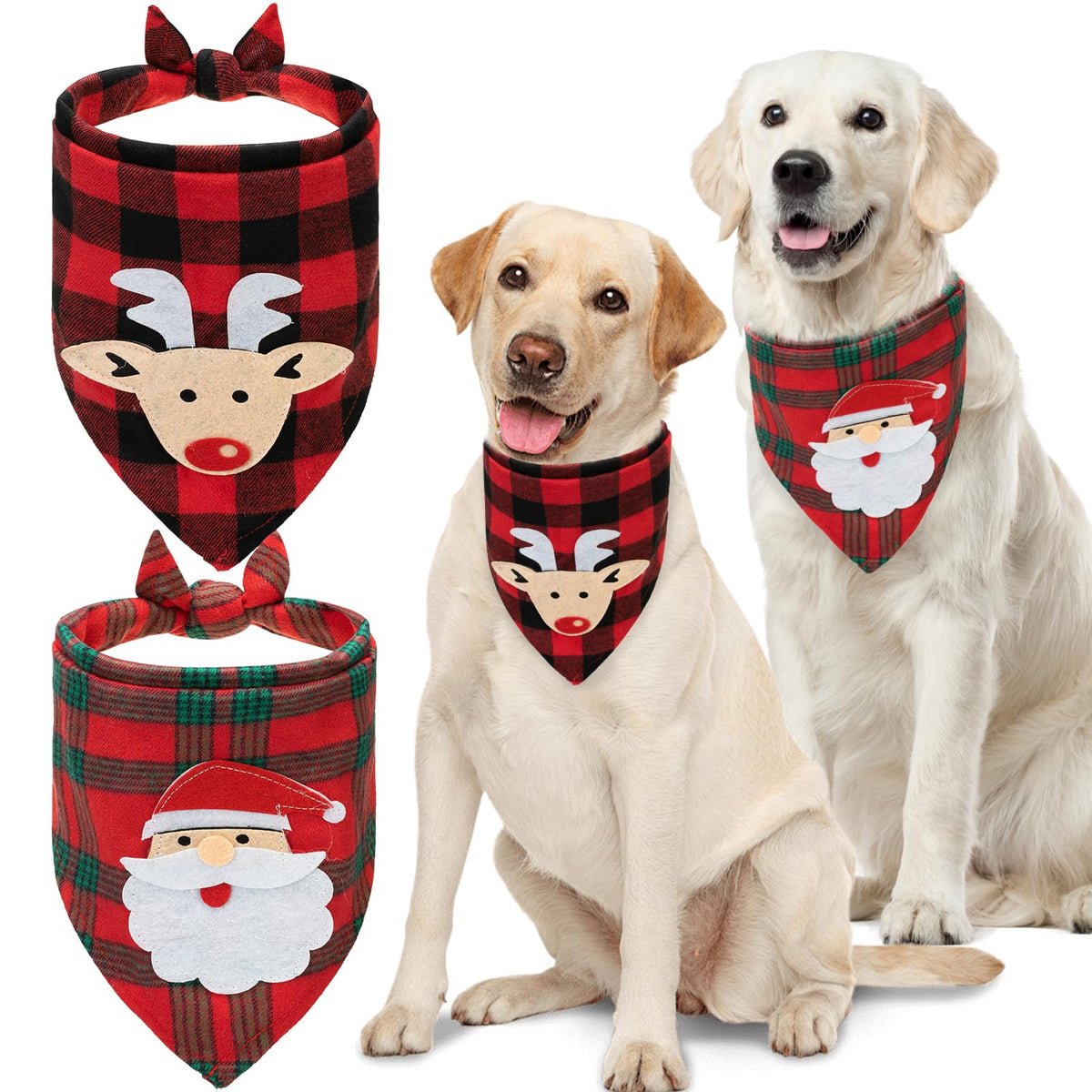 Pawchie 2 Pcs Christmas Dog Bandanas With Handmade Applique (Santa Claus & Elk), Washable Plaid Triangle Bibs Scarfs For Puppy