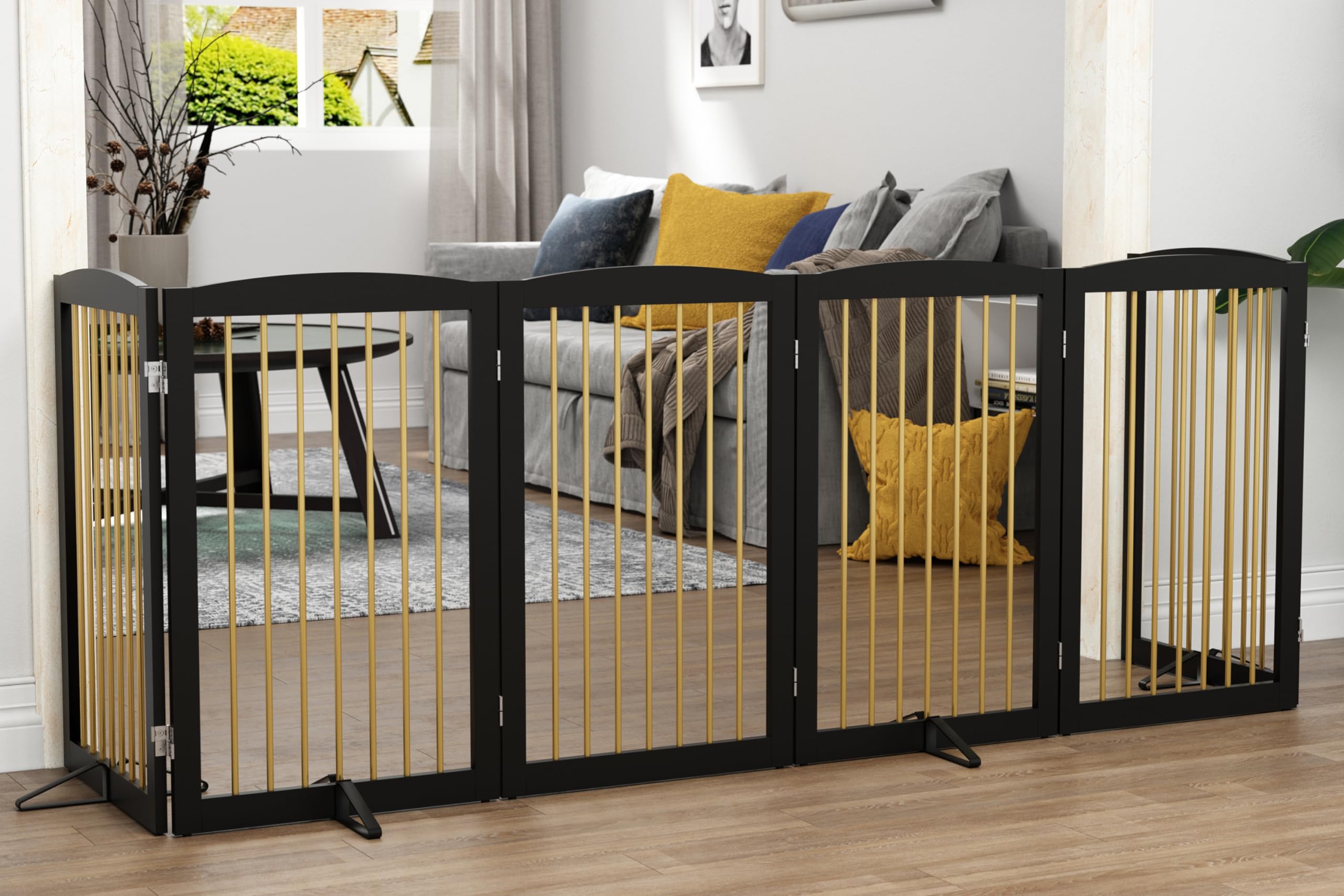 PUPETPO Freestanding Pet Gate for Dogs, Indoor Wooden Dog Gate for House, Extra Wide Foldable Dog Gate for Stair, Doorway, Hall,