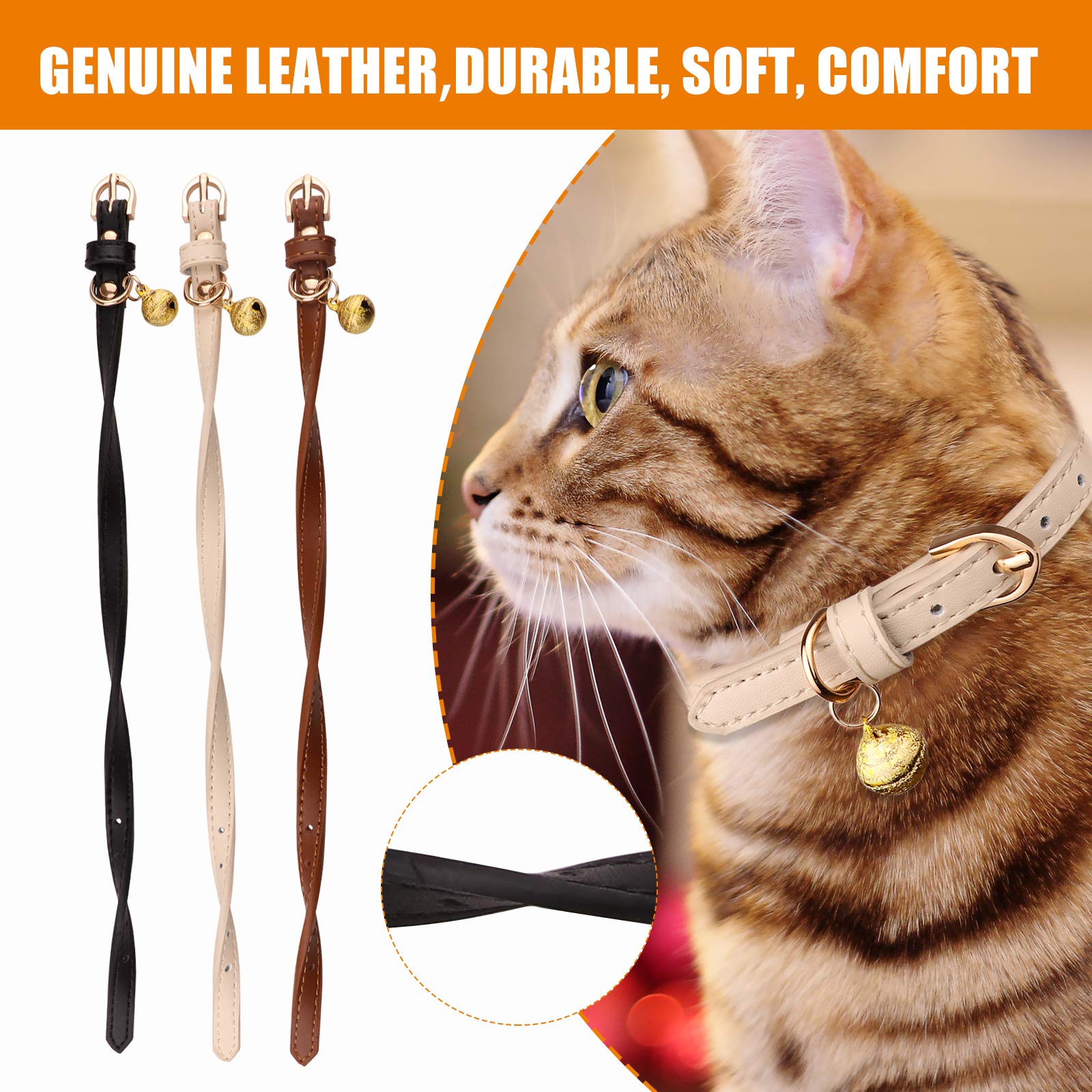 Jamktepat 3 Pack Leather Cat Collars With Bells Soft Pet Safety Collar Kitten Collars With Bell Black Chocolate Beige(S)