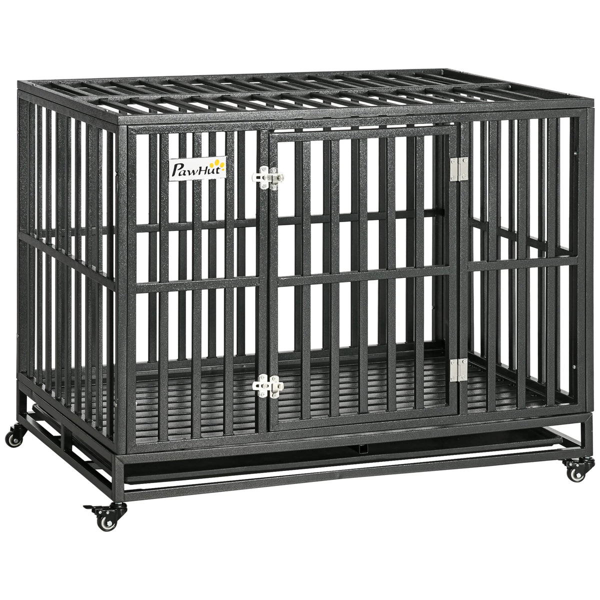 Pawhut Heavy Duty Dog Crate Metal Kennel And Cage Dog Playpen With Lockable Wheels, Slide-Out Tray And Anti-Pinching Floor, 45' X 29.5' X 35'