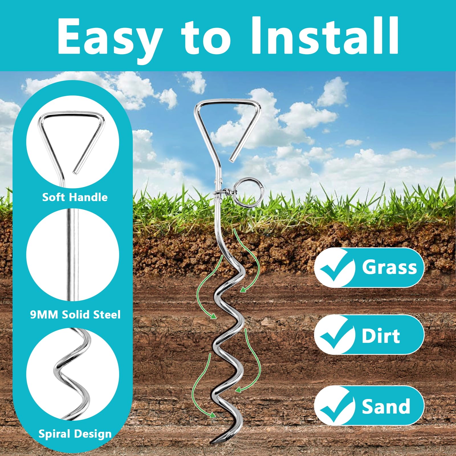 Dog Tie Out Cable And Stake,20Ft Outside Dog Run Cable Leash&Chain With Hand Strap For Camping And Yard, 16'' Heavy Duty Anti Ru