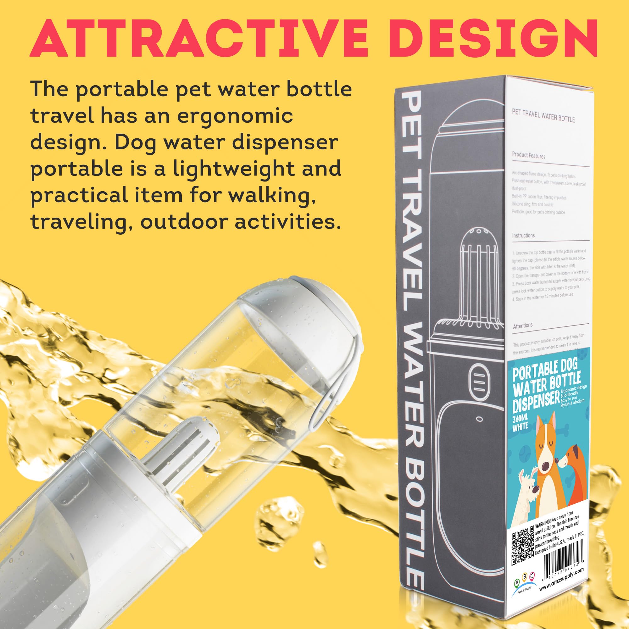 Abc Pack & Supply Portable Dog Water Bottle Dispenser 12 Oz, 11.8 X 7.9 X 9.2 Inch. Pet Water Bottles For Dogs On Walks. Abs Dog Travel Water Bottle With Silicone Strap & Cotton Filter