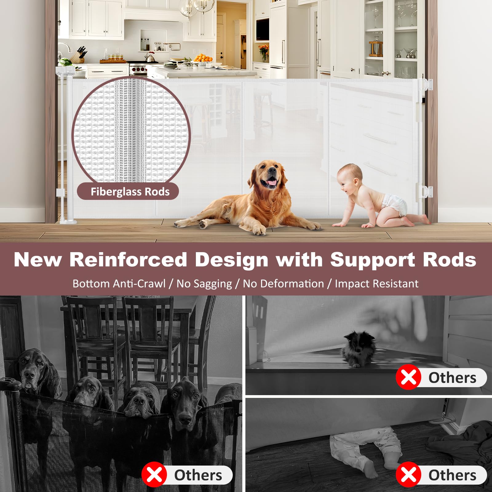 Reinforced 41 Inch Extra Tall Retractable Dog Gate 80 Inch Extra Wide Baby Gate with Support Rods - Prevents Crawling Under, Ind