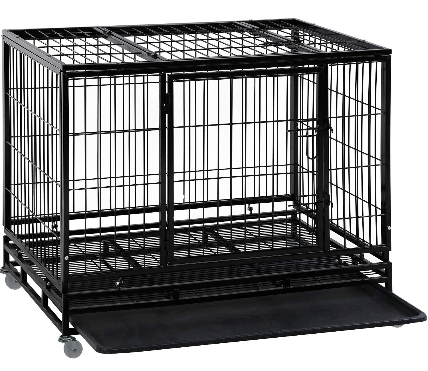 Dog Crate Cage For Large Dogs Heavy Duty 48/42/36Inches Dog Kennel Pet Playpen For Training Indoor Outdoor With Plastic Tray Dou