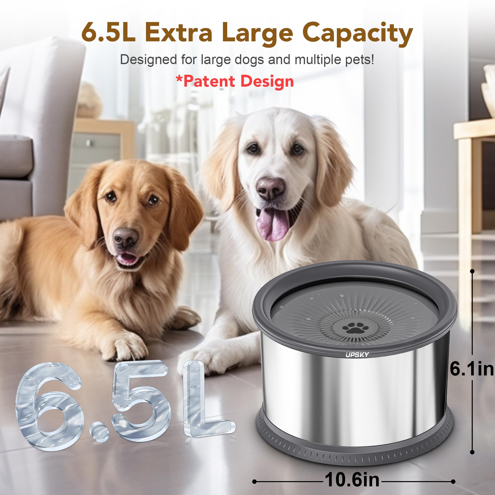 Upsky 6.5L Dog Water Bowl,1.6 Gallon Super Large Capacity No Spill Dog Water Bowl,Stainless Steel Spill Proof Slow Water Feeder,