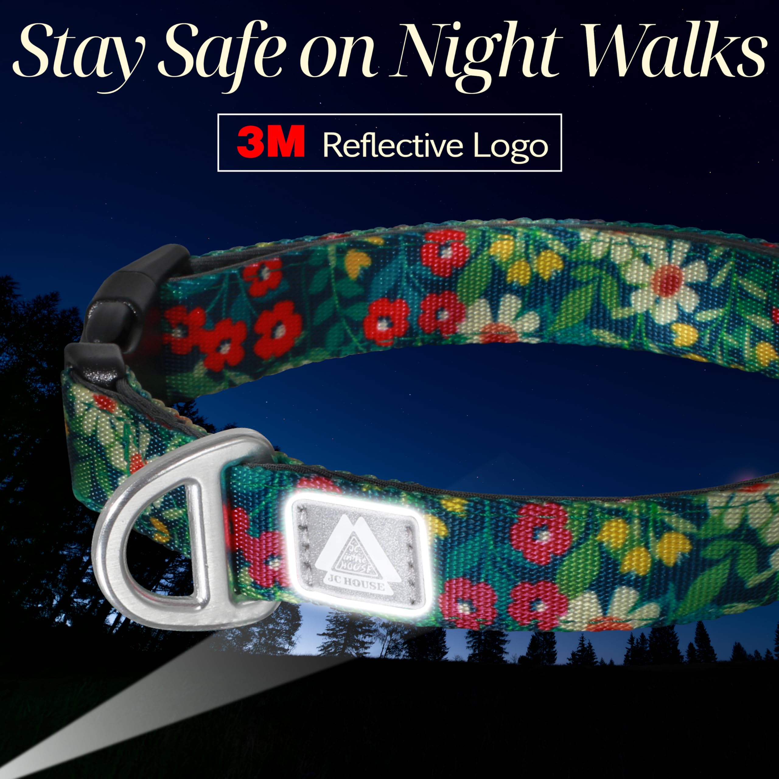 Jc House Medium Dog Collar With Reflective Logo And Soft Padded Neoprene,Floral Print Design, Adjustable,Lightweight & Durable,