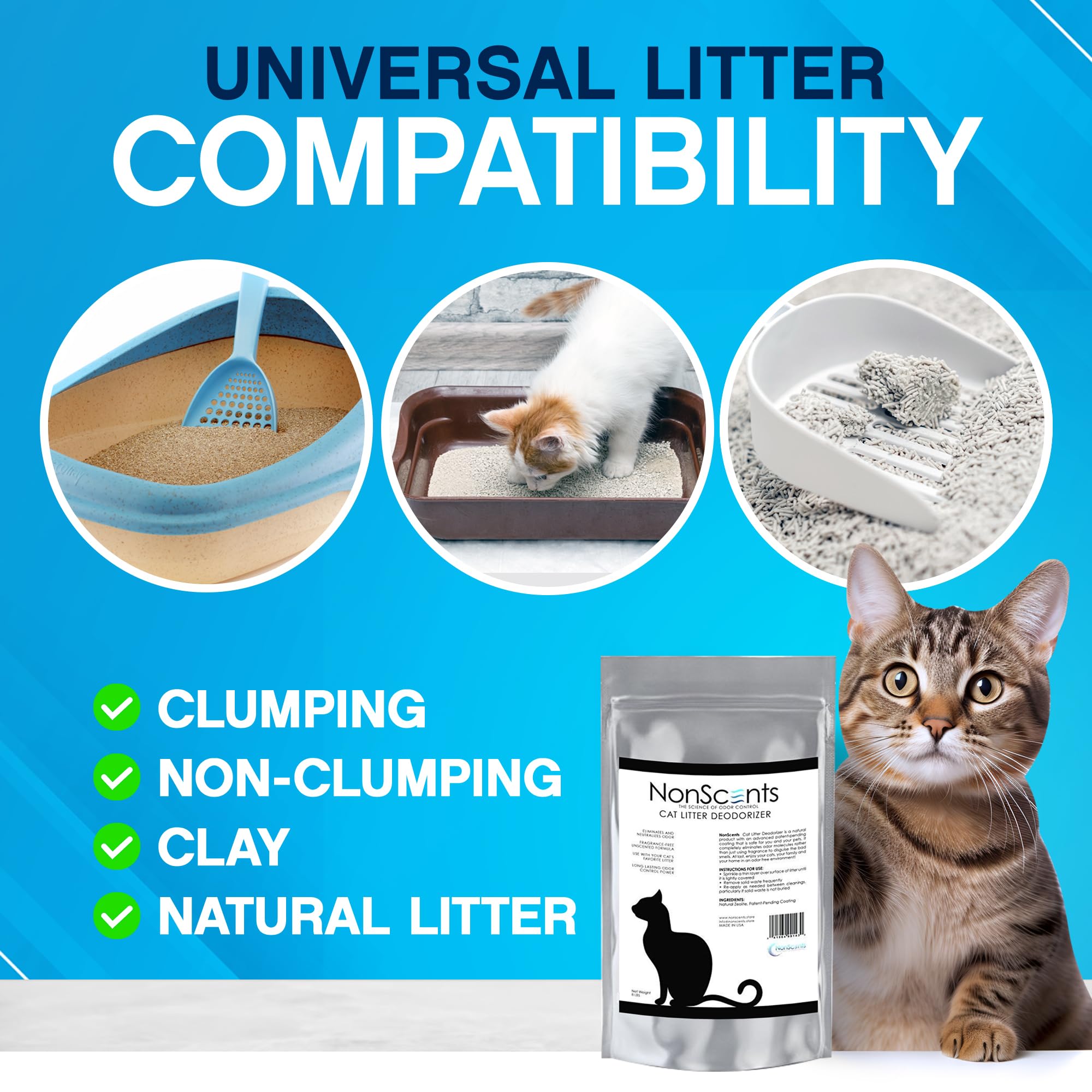 Nonscents Cat Litter Deodorizer - Litter Box Odor Eliminator - Less Scooping Extends Kitty Litter Lifespan - Fragrance-Free Form