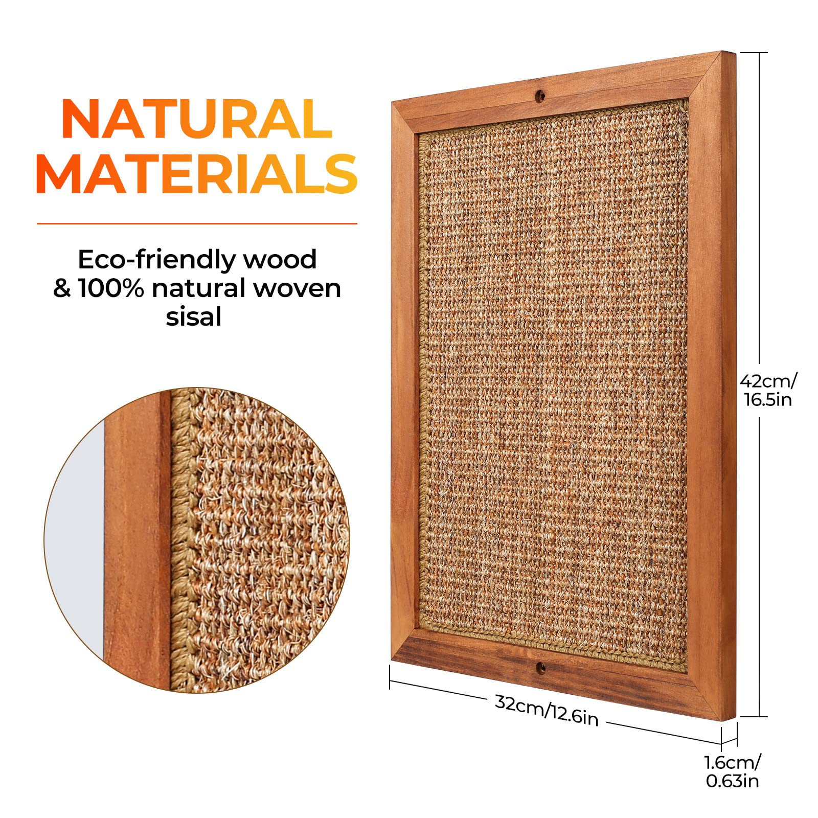 Cat Scratching Post - BXL, Natural Wooden Sisal Cat Wall Scratcher, Floor or Wall Mounted Vertical Cat Scratch Pad for Indoor Ca