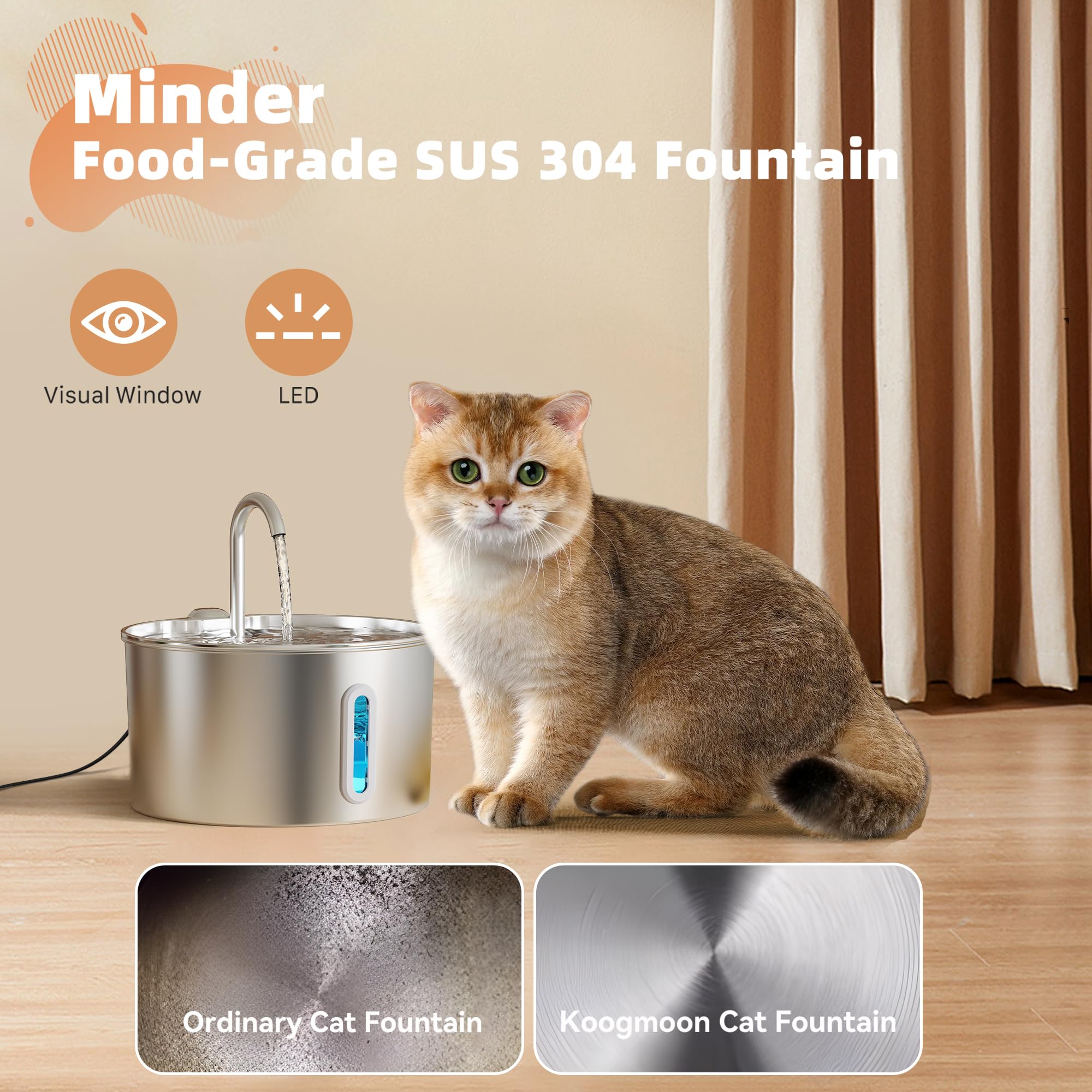 Cat Water Fountain Stainless Steel: 74Oz/2.2L Cat Fountain For Drinking - Pet Water Fountain For Cats Inside - Automatic Dog Wat