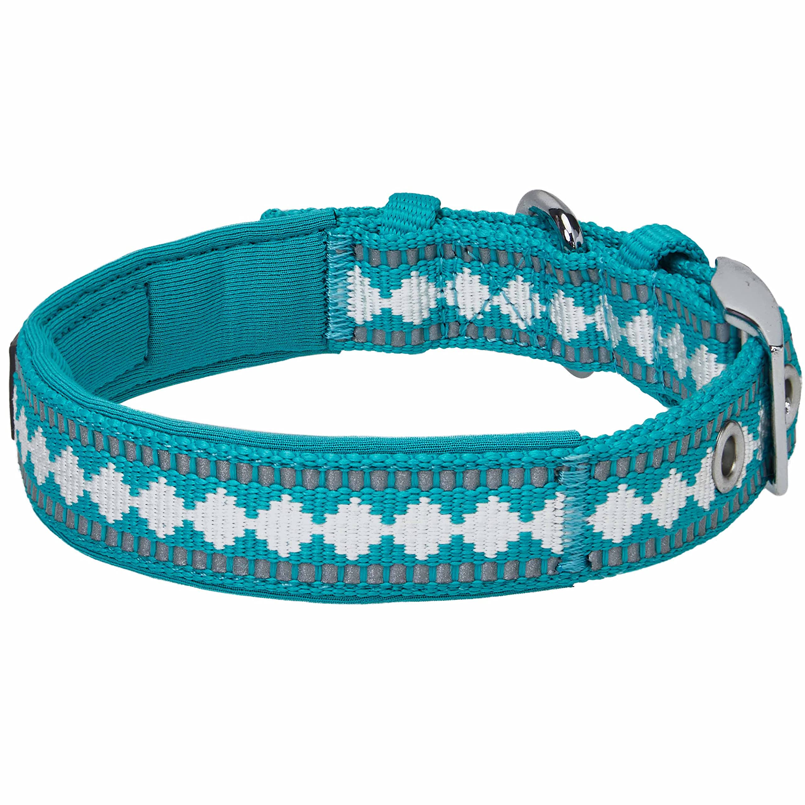 Blueberry Pet Soft & Safe 3M Reflective Jacquard Neoprene Padded Adjustable Dog Collar With Metal Buckle - Peacock, Neck 13-16.5