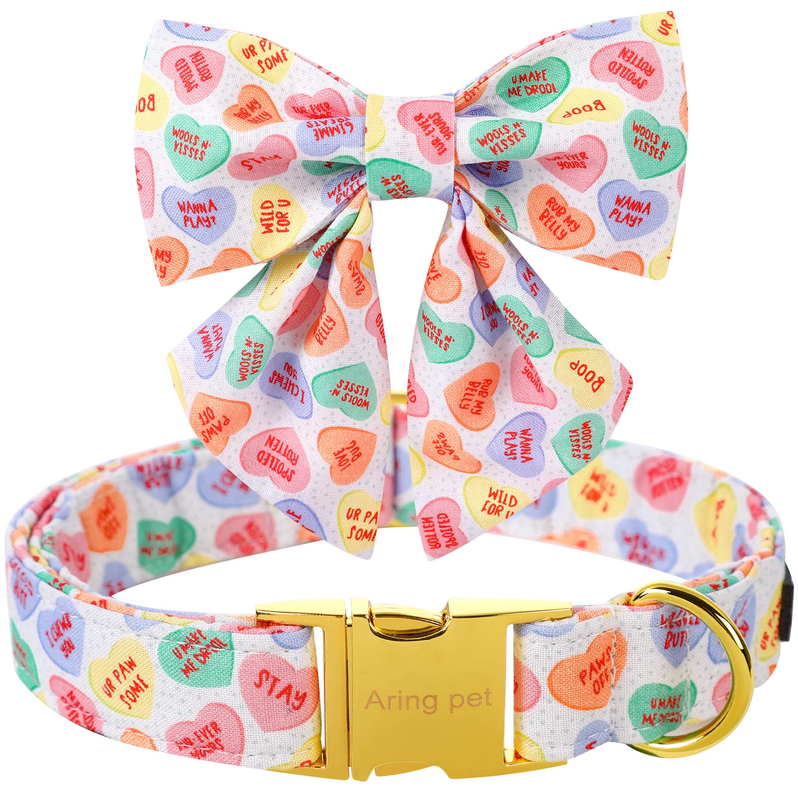 ARING PET Valentine's Day Dog Collar-Cute Heart Dog Collar with Sailor Bowtie, Adjustable Cotton Girl Dog Collar with Metal Buck