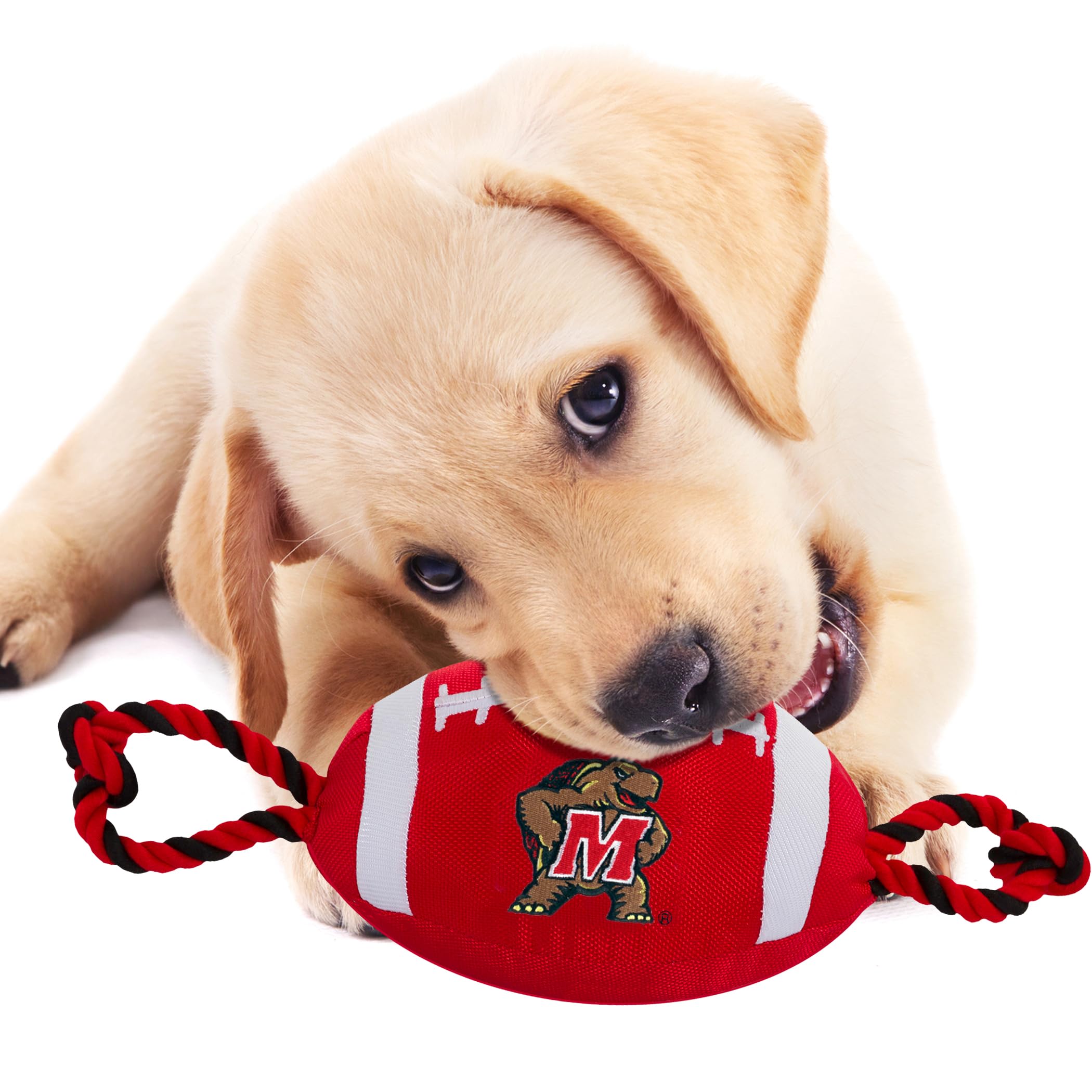Pets First Maryland Football Dog Toy, Tough Quality Nylon Materials, Strong Pull Ropes, Inner Squeaker, Collegiate Team Color