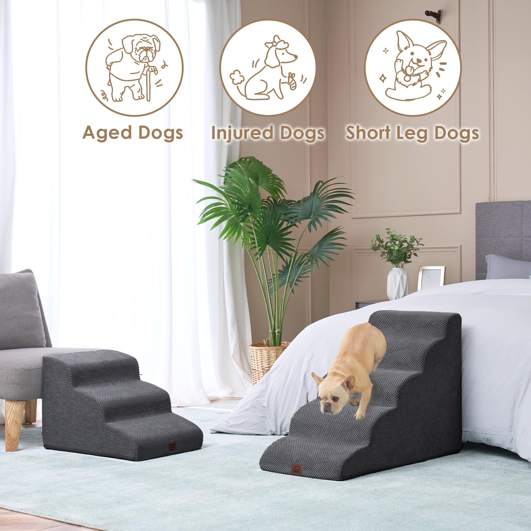 Eheyciga Curved Dog Stairs Ramp For High Beds 22.6' H, 5-Step Dog Steps For Small Dogs And Cats, Pet Stairs For High Bed Climbing, Non-Slip Balanced Pet Step Indoor, Grey