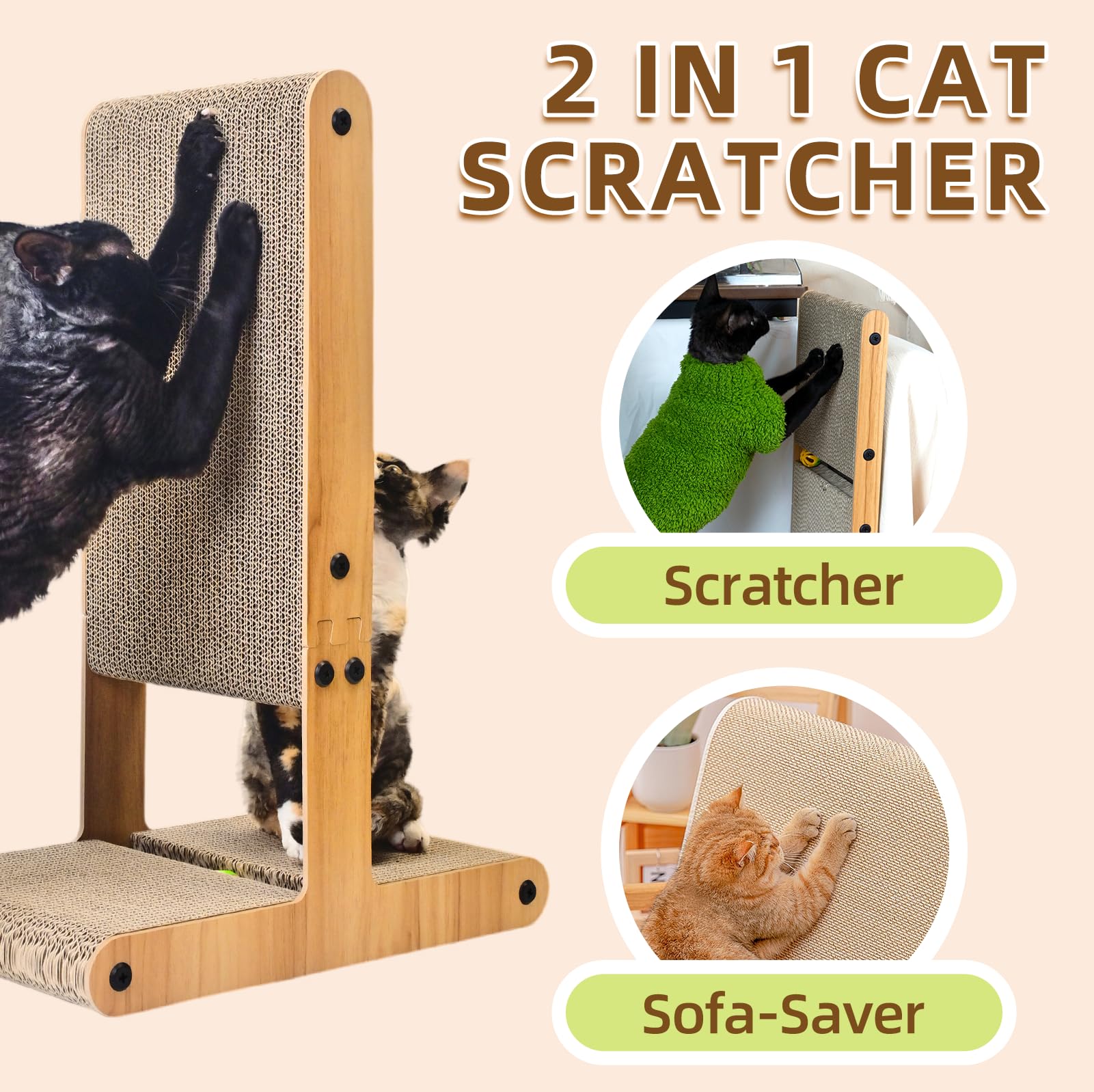 Nekosan T-Shaped Cat Scratcher For Indoor Cats, Double-Sided Furniture Protector, 23.6X16.9X9.6 Inch Large, Cardboard With Ball
