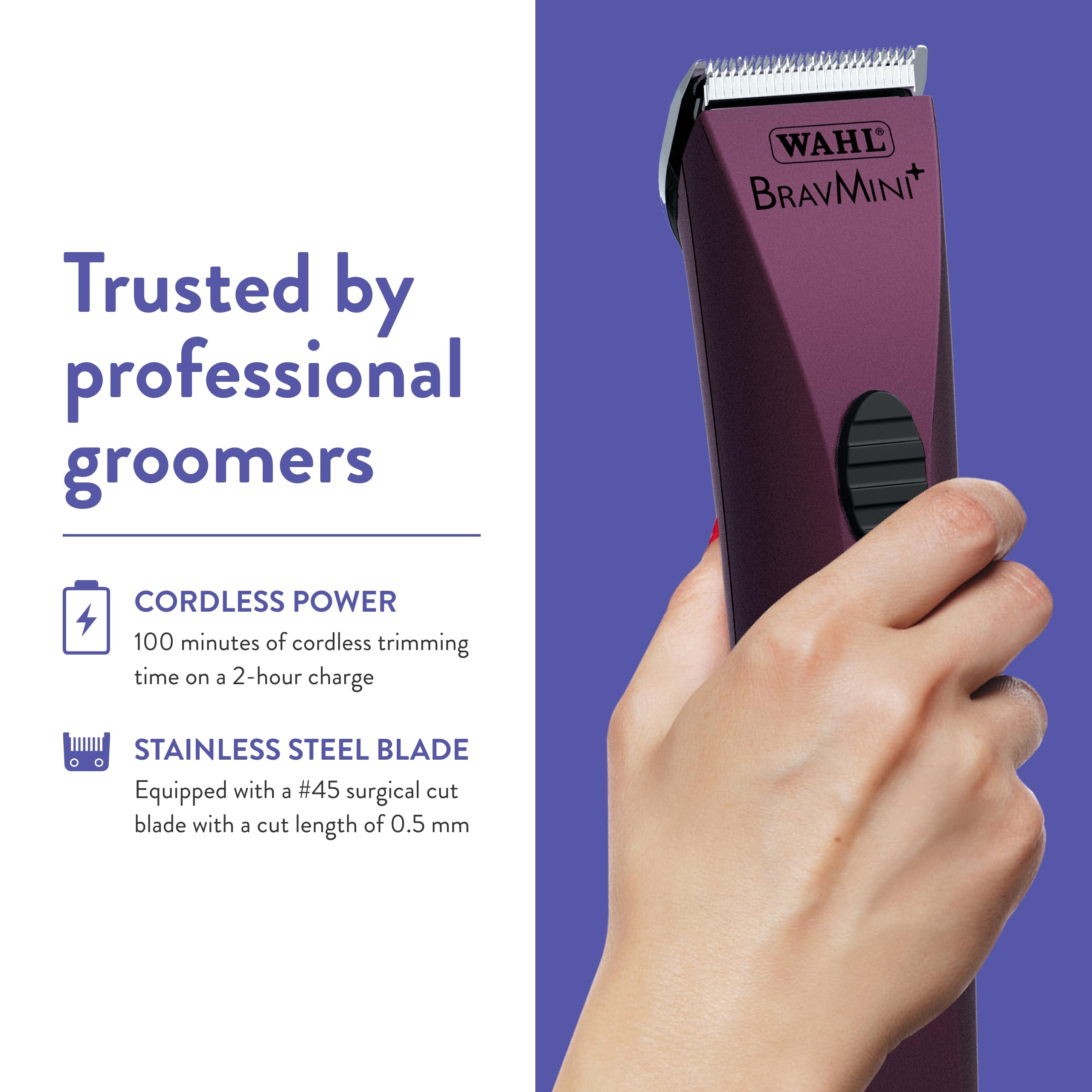 Wahl Professional Bravmini+ Cordless Trimmer Kit for Pets - Purple, Mini Size, Ideal for Dogs, Cats, & Horses