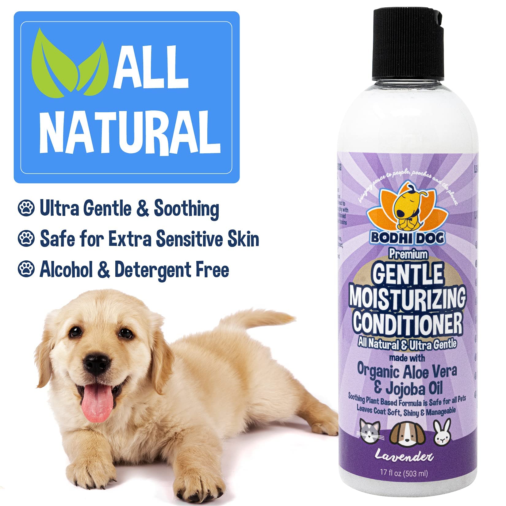 Bodhi Dog Gentle Moisturizing Dog Conditioner - Soothing Plant-Based Formula With Aloe Vera & Jojoba Oil - Hydrates & Softens Coat - Leaves Coat Soft Shiny & Manageable - Lavender Scent (17 Fl Oz)