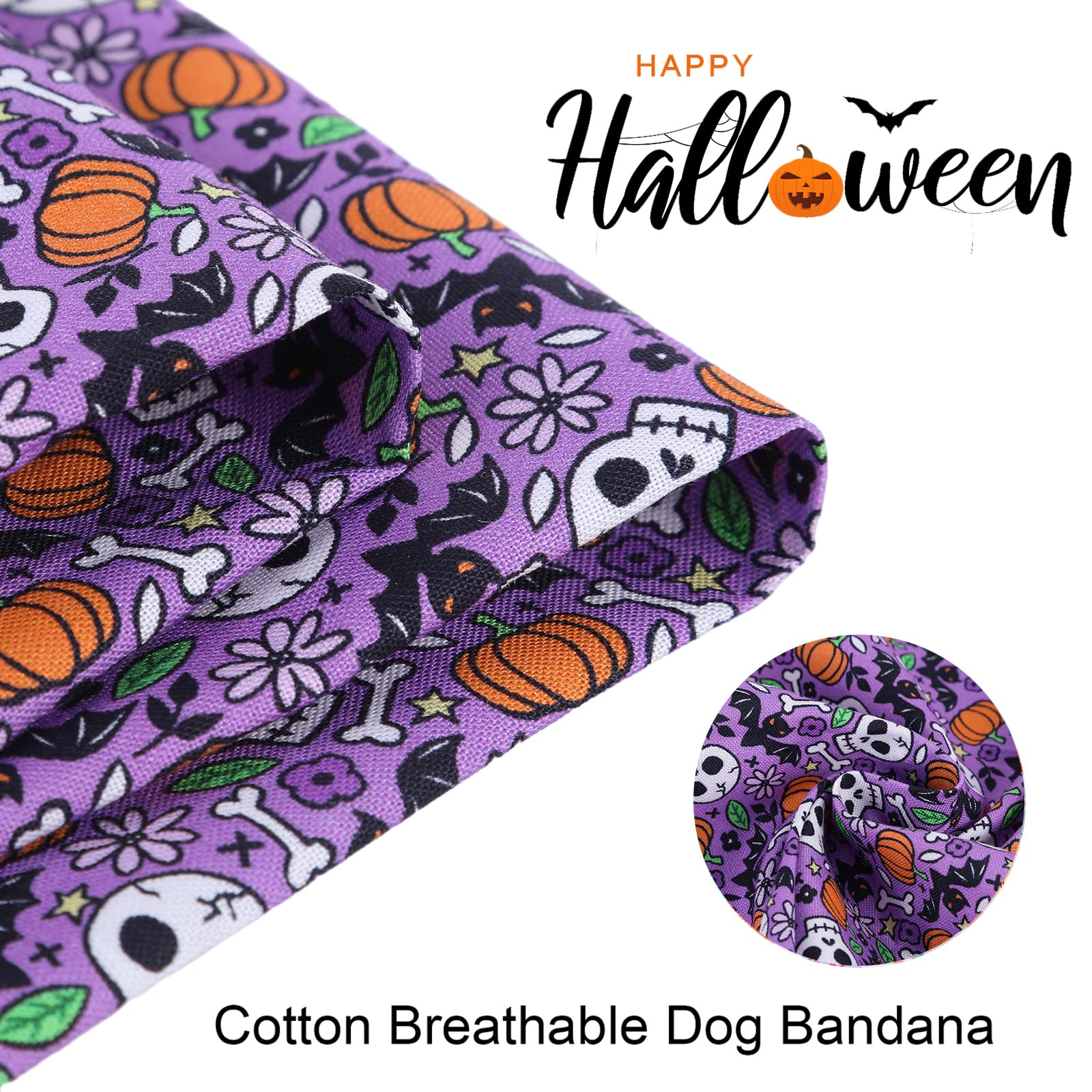 Aring Pet Halloween Dog Bandana Cotton Pumpkin Dog Bandanas, Comfortable Purple Skull Bats Dog Triangle Bibs Scarf For Small To Large Dogs And Cats