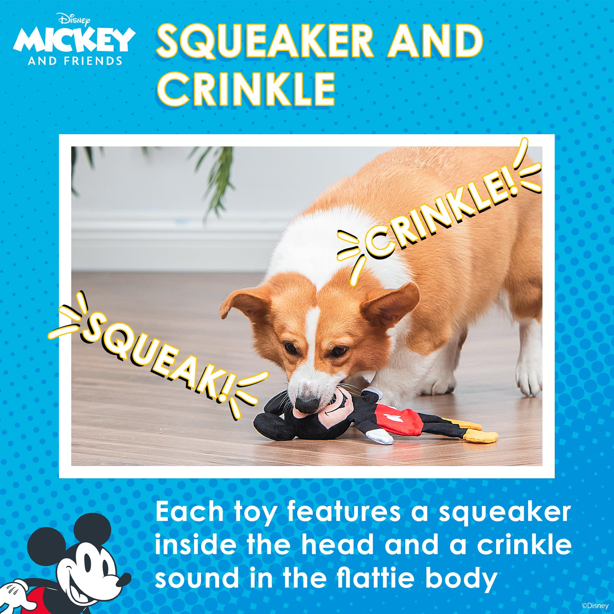 Disney For Pets Mickey Mouse Plush Squeaker With Crinkle Flattie Body Dog Toy 13.5In Dog Toys | Plush Squeaker Toy For Dogs Insp