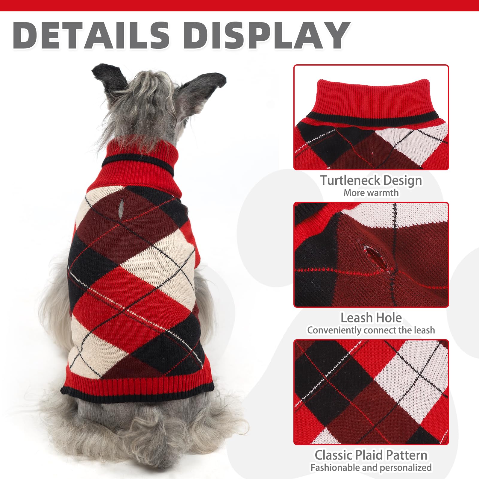 KOOLTAIL Dog Sweater Pet Knitted Clothes-Classic Plaid Pullover Turtleneck Red Fleece Dog Christmas Sweaters with Leash Hole, Th