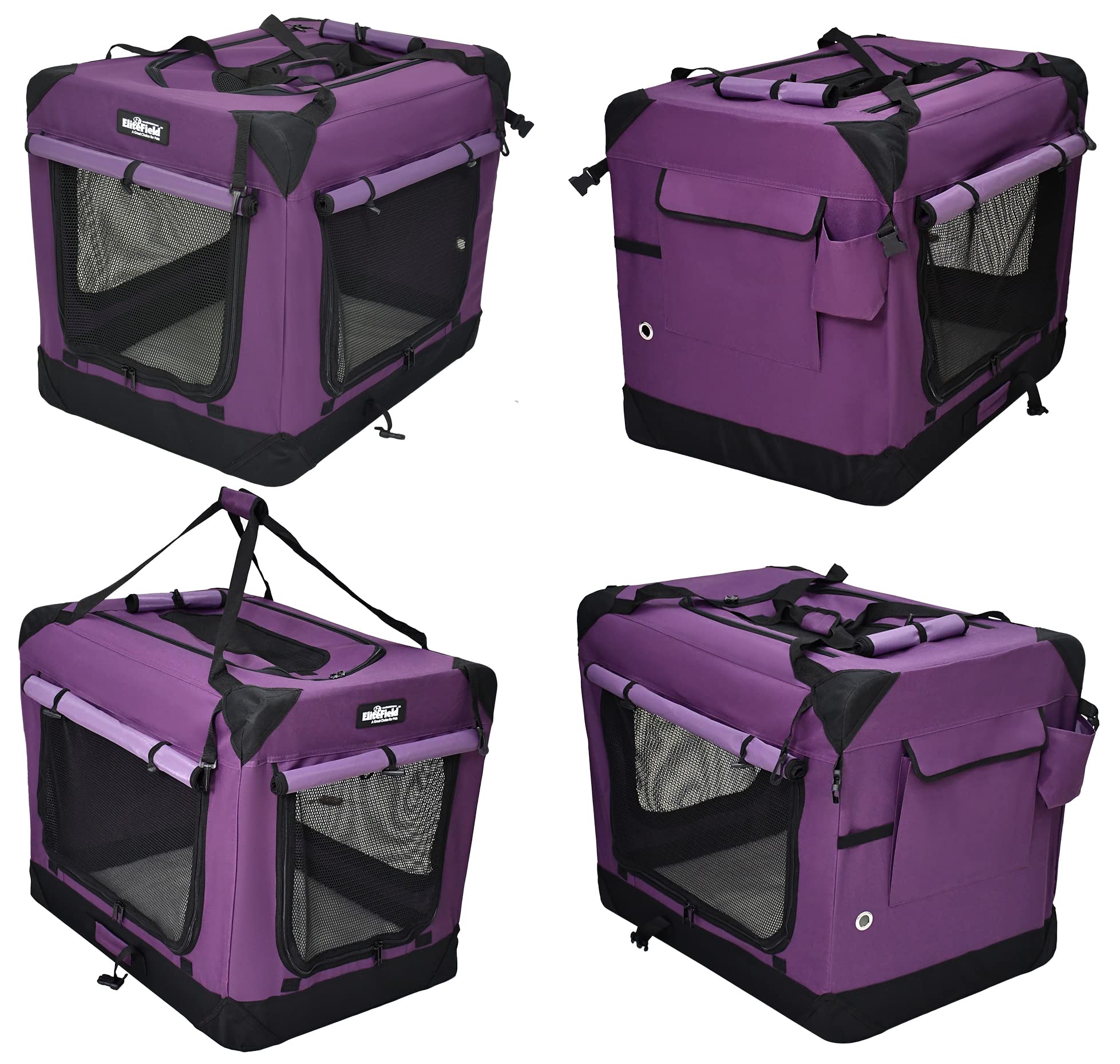 Elitefield 4-Door Folding Soft Dog Crate With Curtains, Carrying Bag And Fleece Bed (2 Year Warranty), Indoor & Outdoor Pet Home (20' L X 14' W X 14' H, Purple+4 Door Curtains)