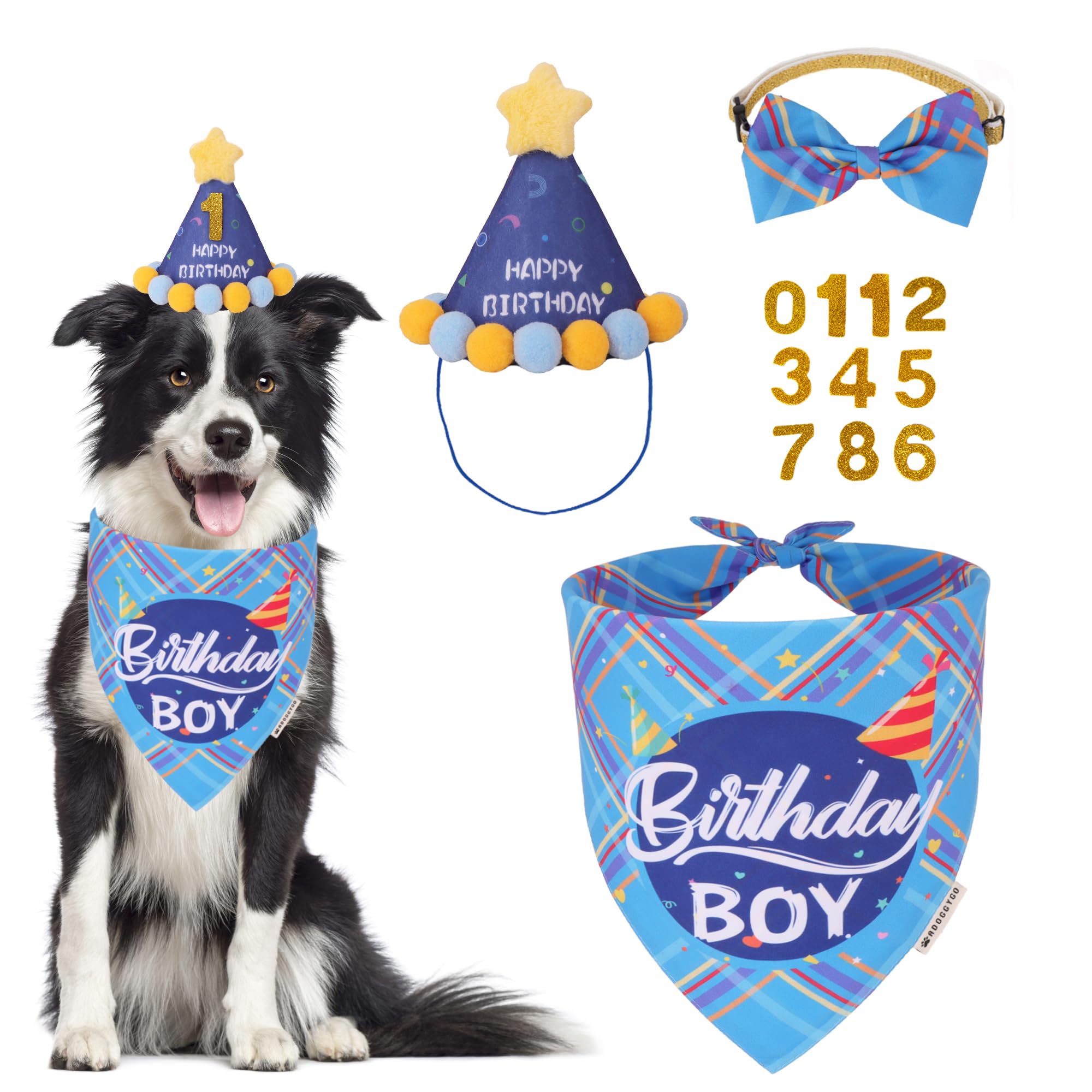 Adoggygo Dog Birthday Party Supplies, Blue Birthday Boy Bandana, Bowtie, Numbers, Party Hat For For Medium Large Dogs (Large)