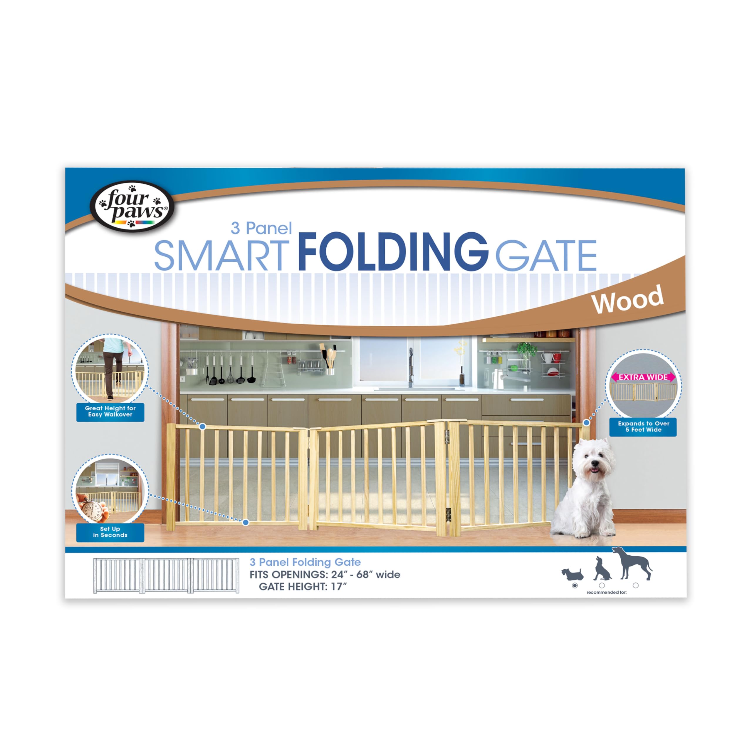 Four Paws Expandable Dog Gate, Wood Gate For Dogs, 3-Panel 24-68' W X 17' H