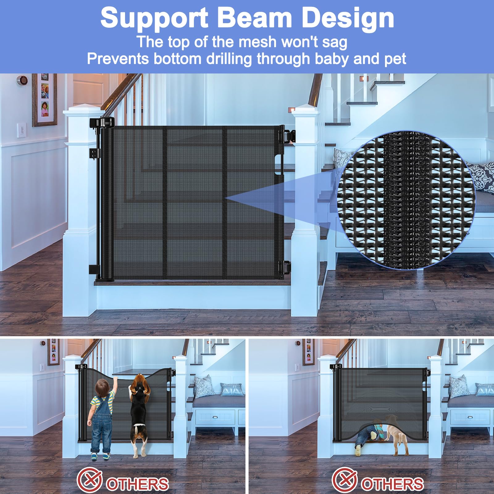 Reinforced Retractable Dog Gate for Stairs 55 Inch Adjustable Brackets and Detachable Latches Retractable Baby Gate Retractable