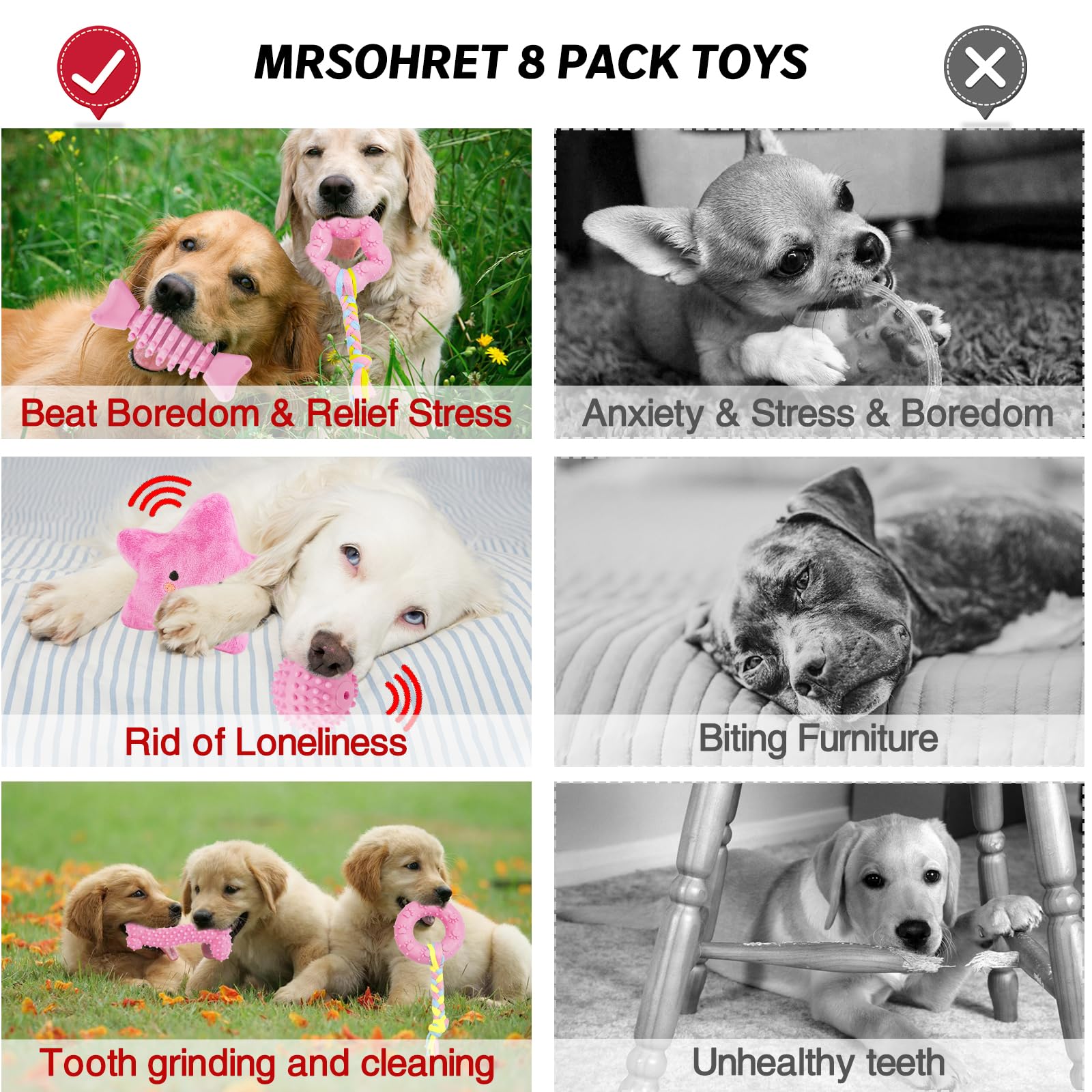 MRSOHRET Puppy Toys, 8 Pack Puppy Chew Toys for Teething, Cute Pink Small Dog Toys Set, Teething Toys for Puppies, Soft Durable