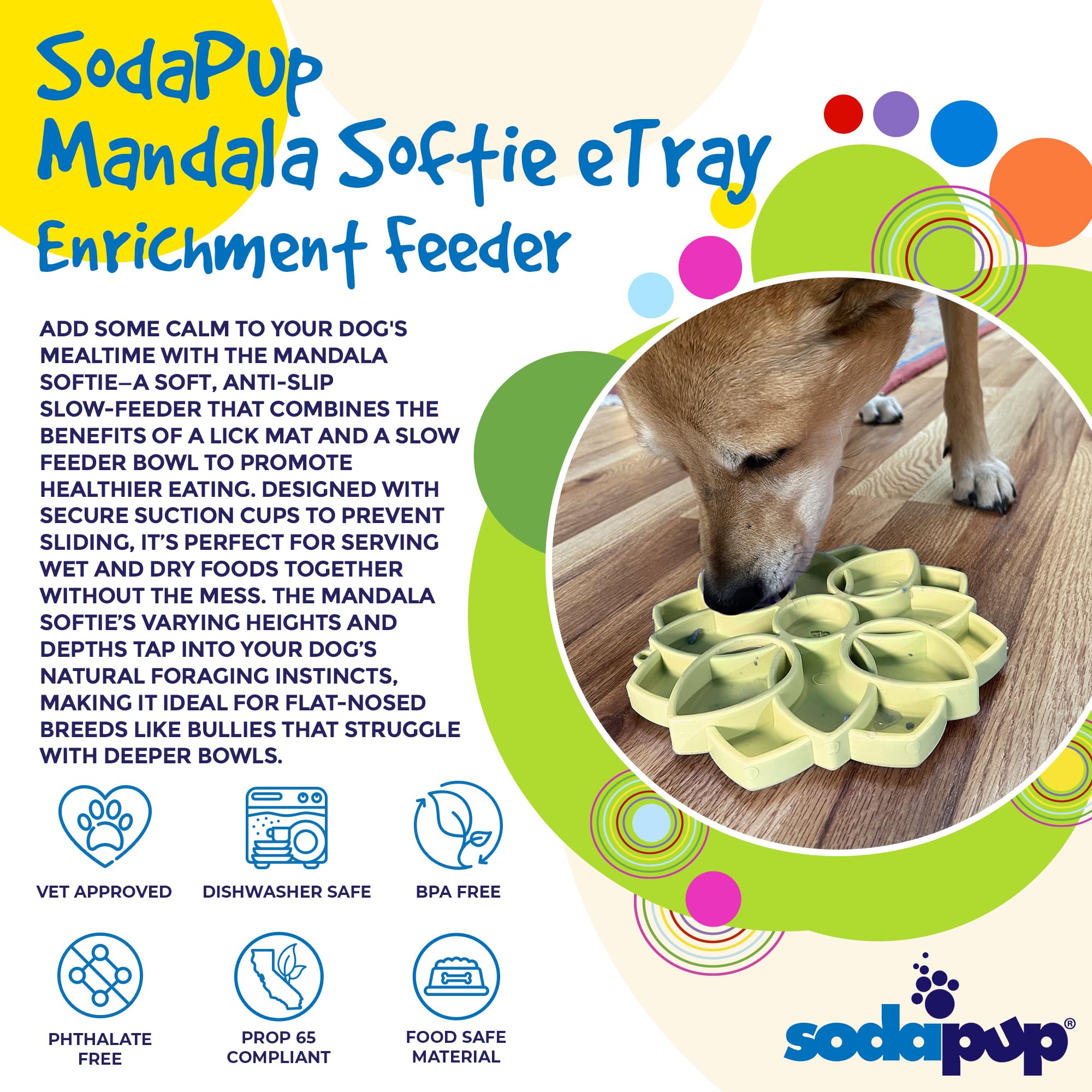 SodaPup Mandala Softie eTray -Durable Enrichment Feeder Made in USA, Non-Toxic, Pet-Safe, Food Safe Rubber for Mental Stimulatio