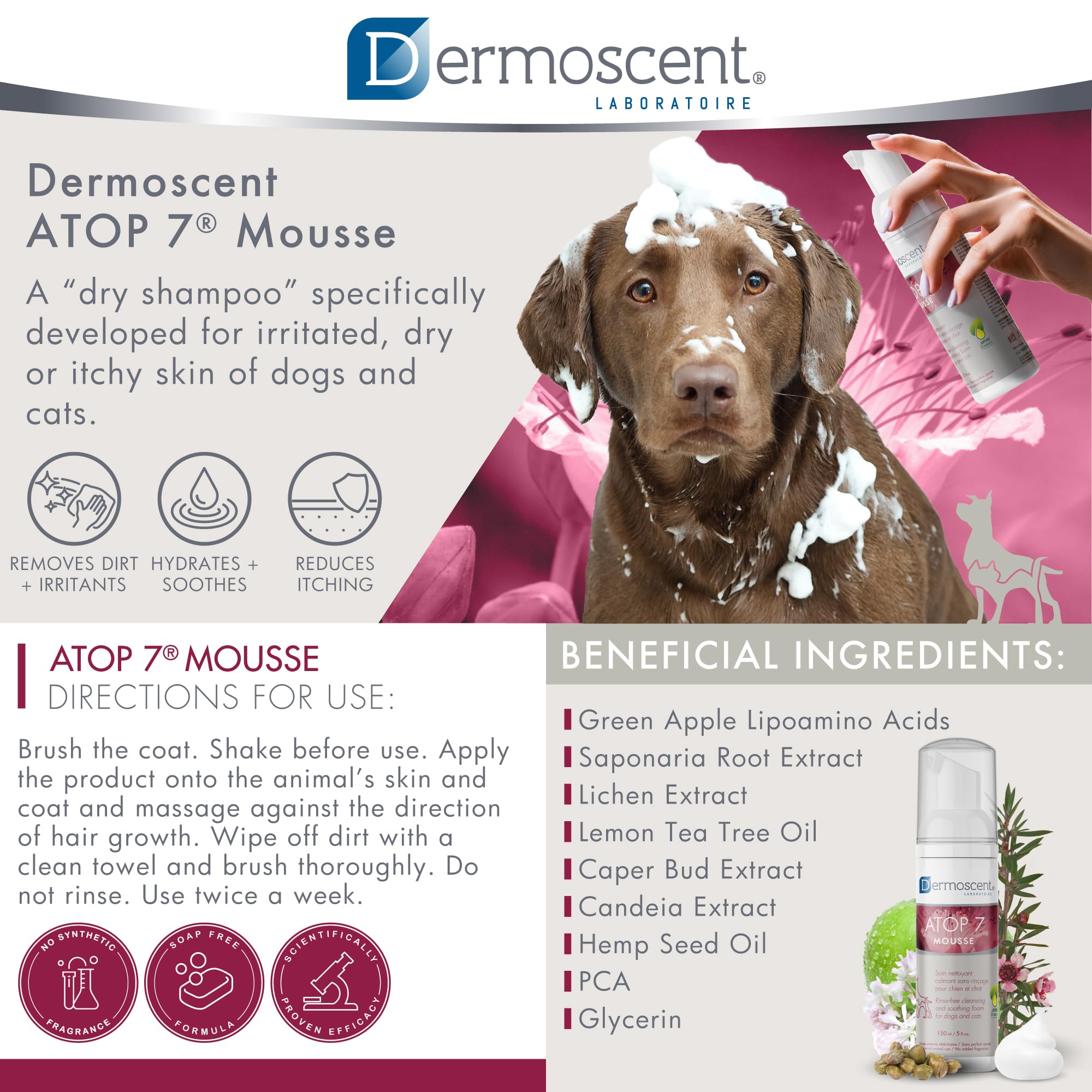 Dermoscent Atop 7 Mousse - Waterless Dog Shampoo For Dogs & Cats - Cleansing Soothing Dry Shampoo For Itchy Skin Relief & Allergy-Prone Skin - 150 Ml