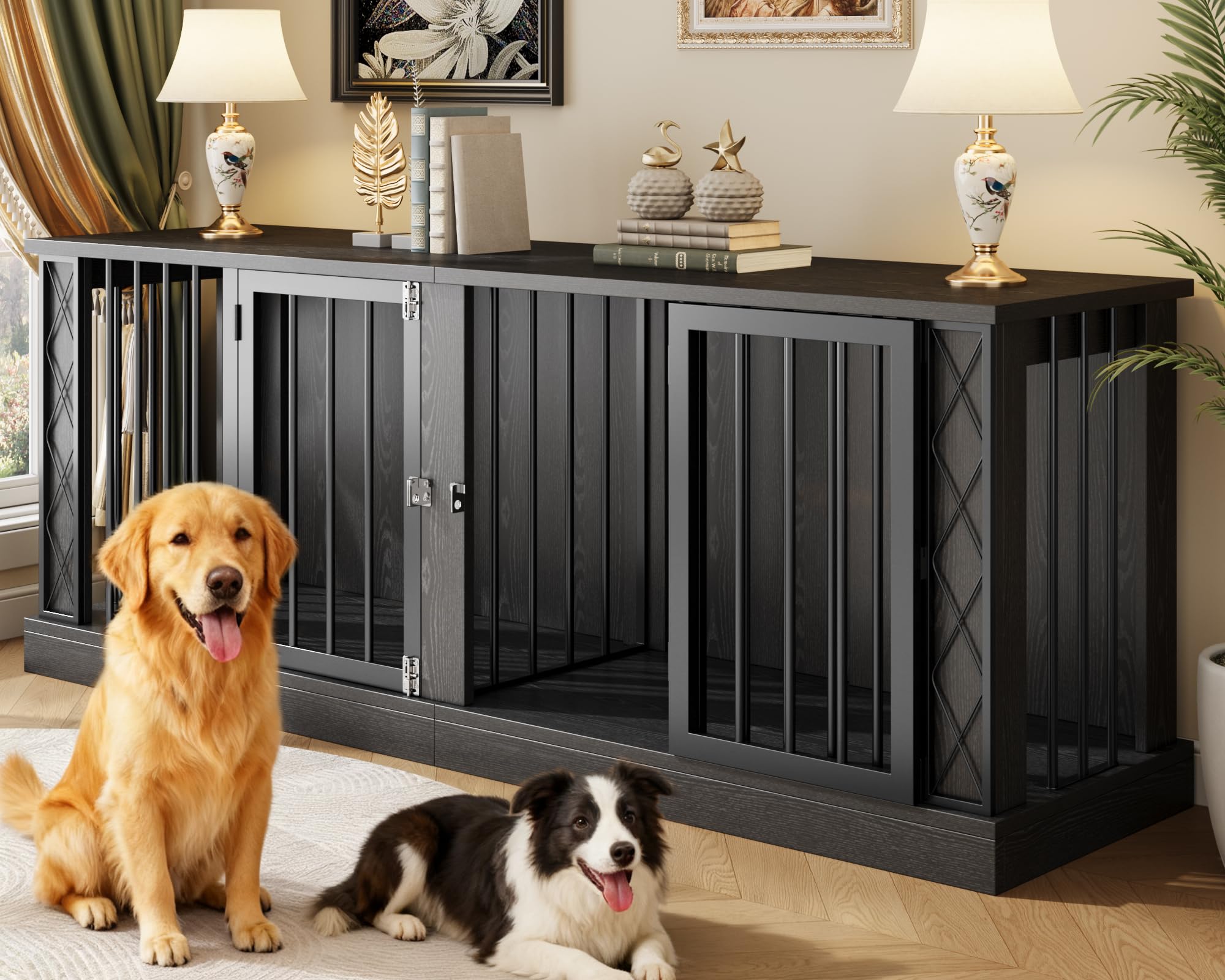 Semoic Large Dog Crate Furniture for Double Dogs, Heavy Duty Dog Cage Indoor for Small/Medium/Large Dogs, Dog Kennel Furniture a