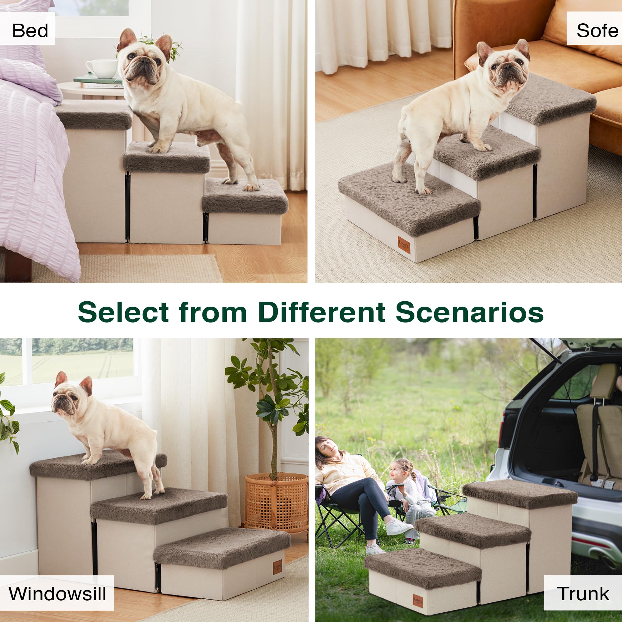 Love's Cabin Dog Stairs - 3 Steps, Foldable, 18" H, Brown Furry Lid for Small to Large Dogs, Supports up to 200 lbs